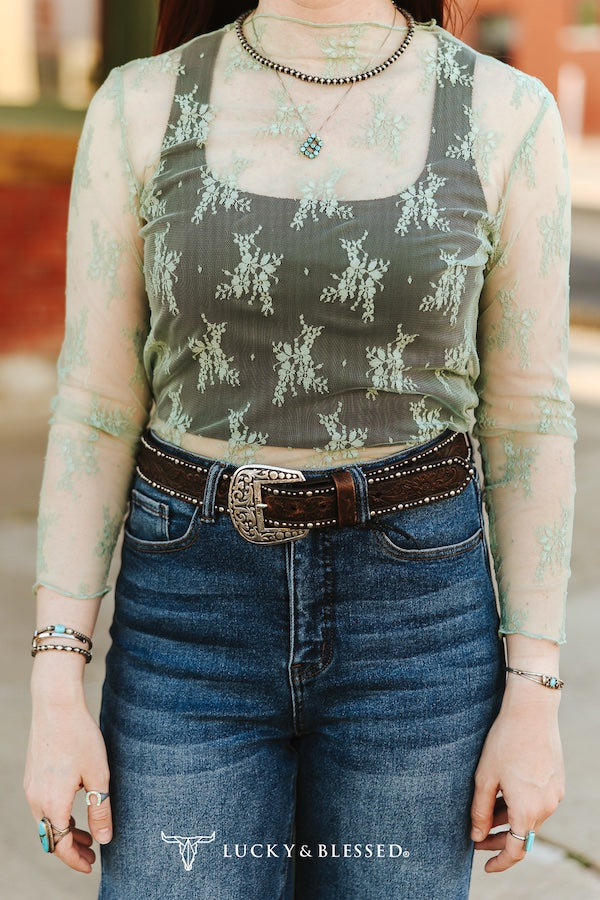 Aqua Floral Lace Long Sleeve Mesh Top