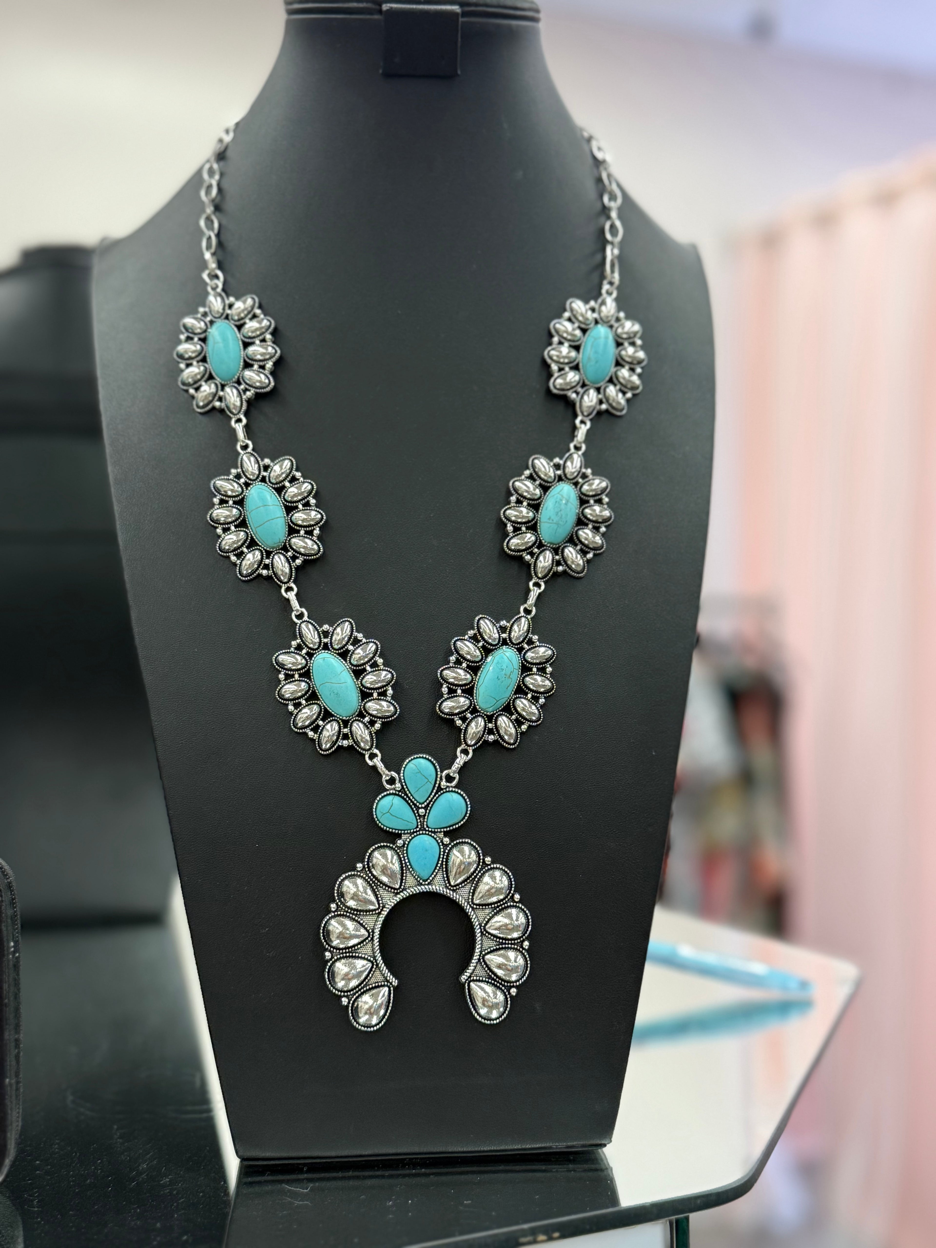 Turquoise Stamped Cluster Necklace and Earrings Set
