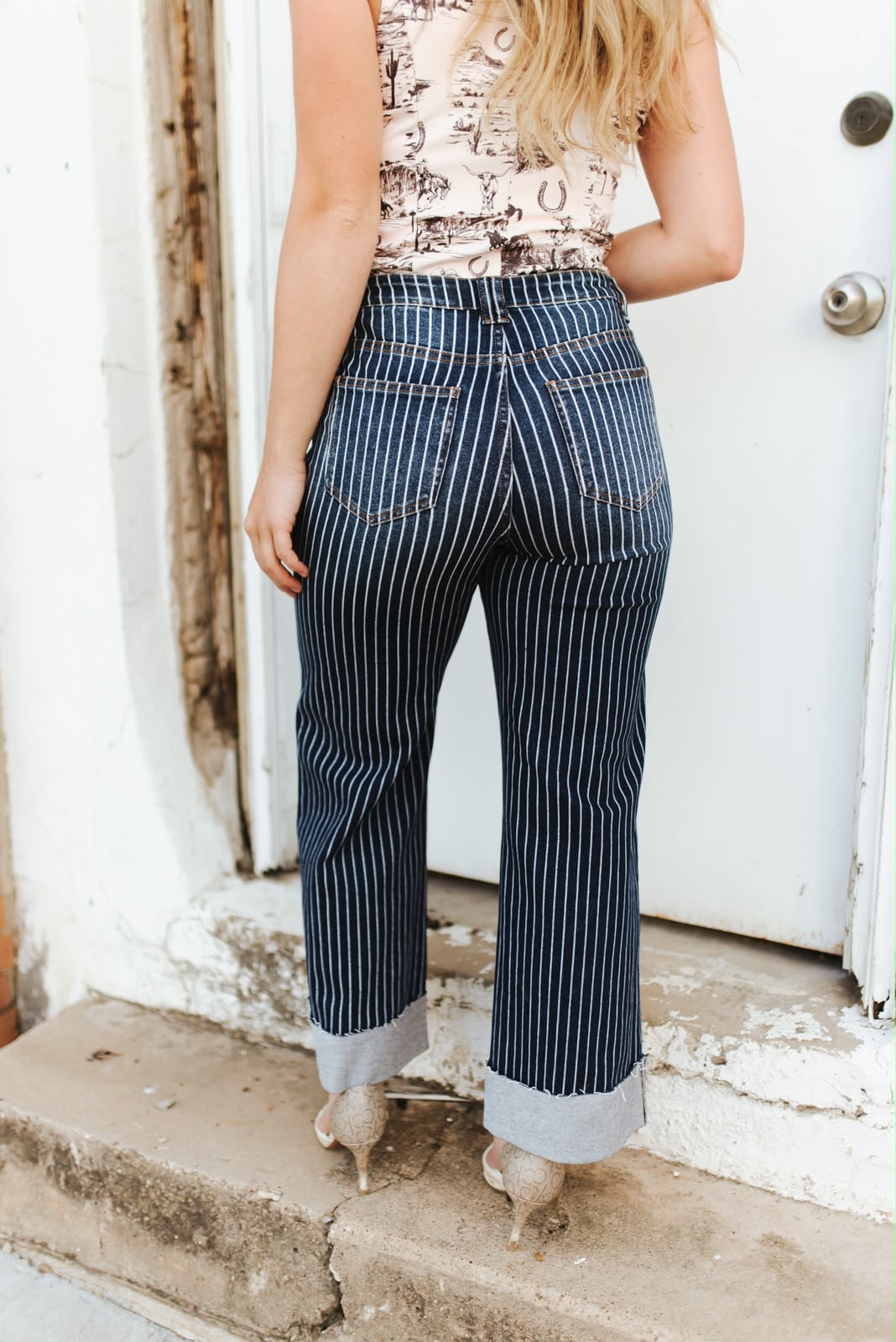 Pinstripe Denim Boyfriend Jeans