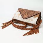 Brown Tooled Leather Cowhide Fringe Crossbody Purse
