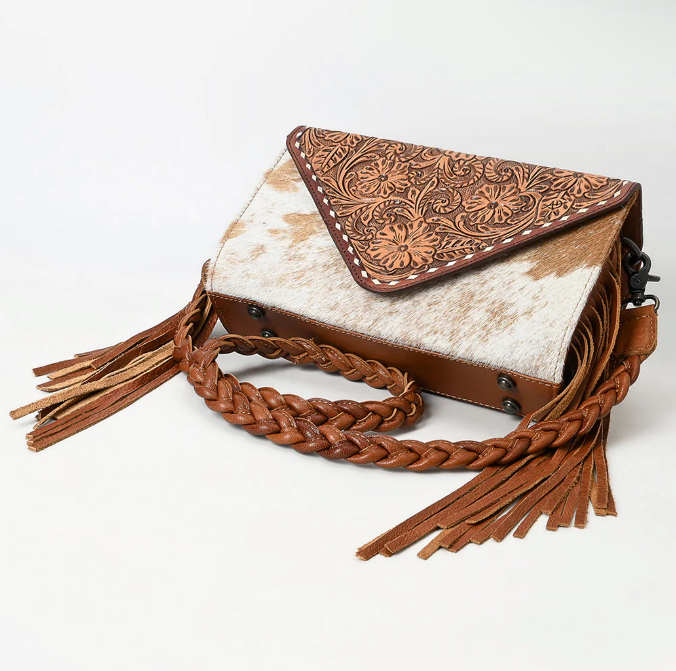 Brown Tooled Leather Cowhide Fringe Crossbody Purse