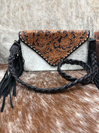Tooled Leather Cowhide Fringe Crossbody Purse