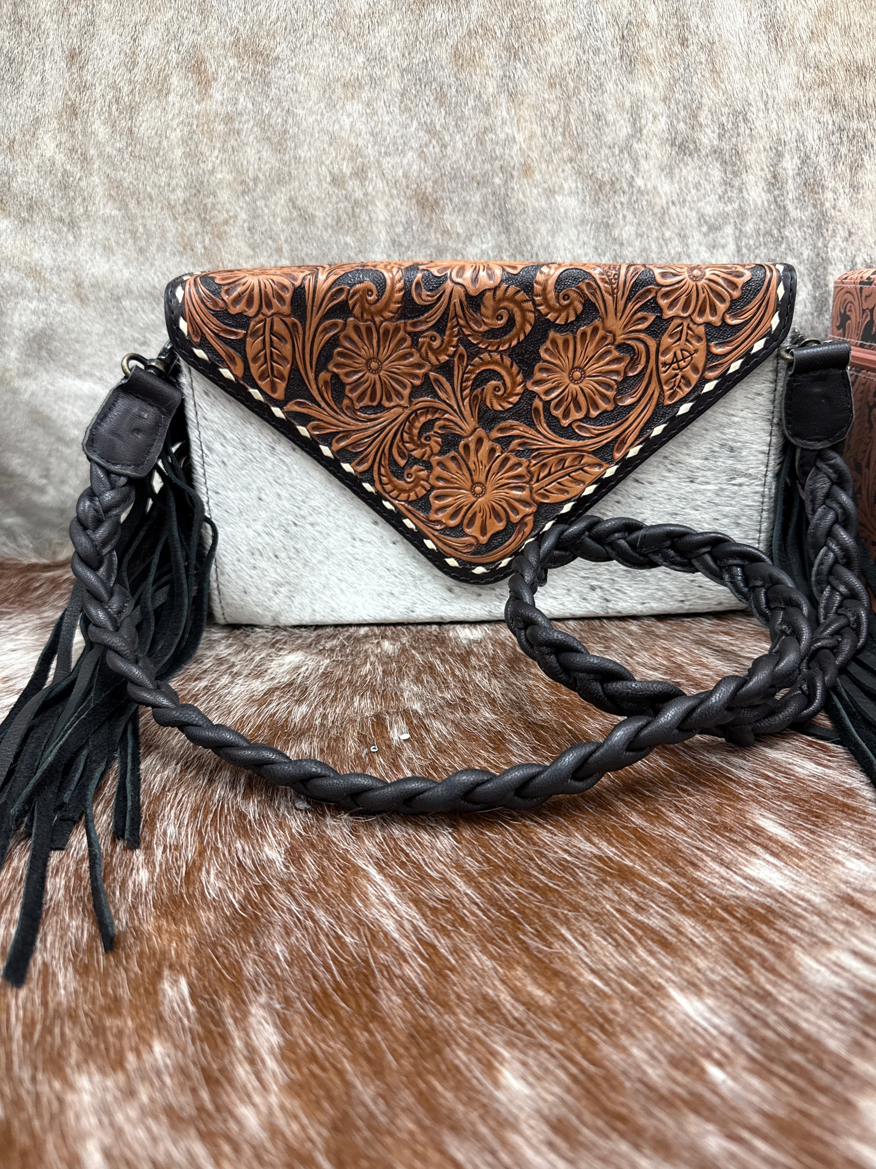 Tooled Leather Cowhide Fringe Crossbody Purse