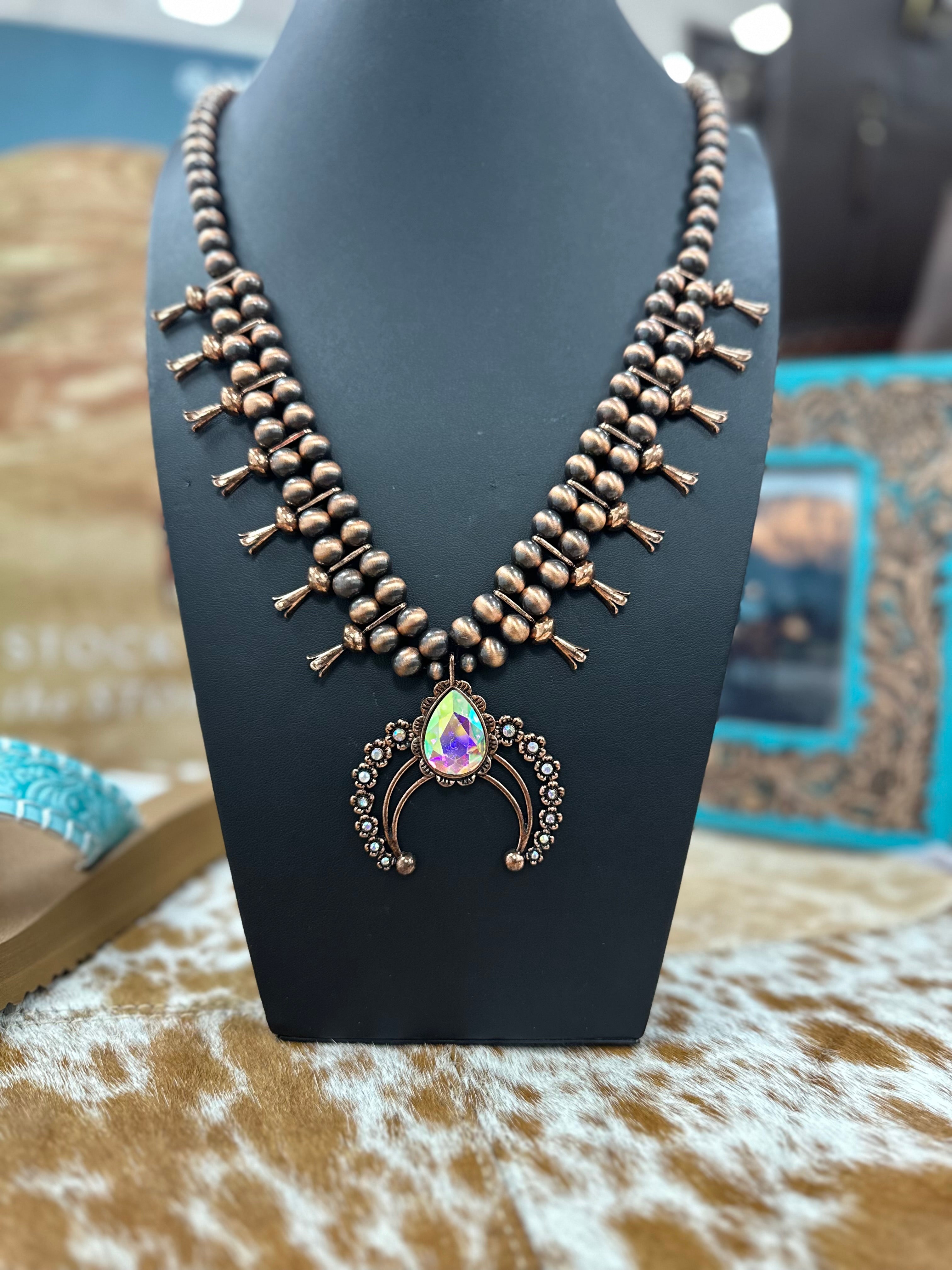 Copper Crystal Naja Squash Blossom Necklace