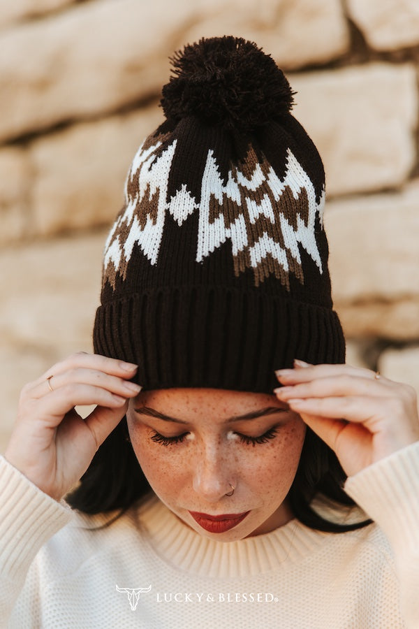 Black/Brown Aztec Pom Beanie
