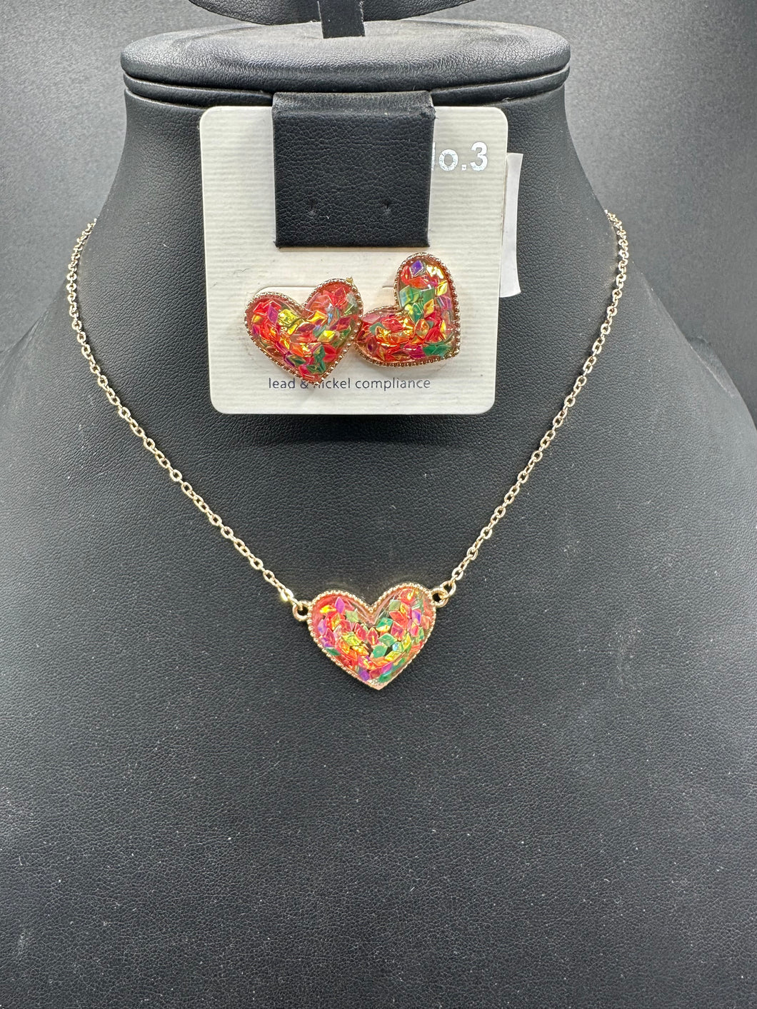 Multi Glitter Heart Necklace and Earrings Set