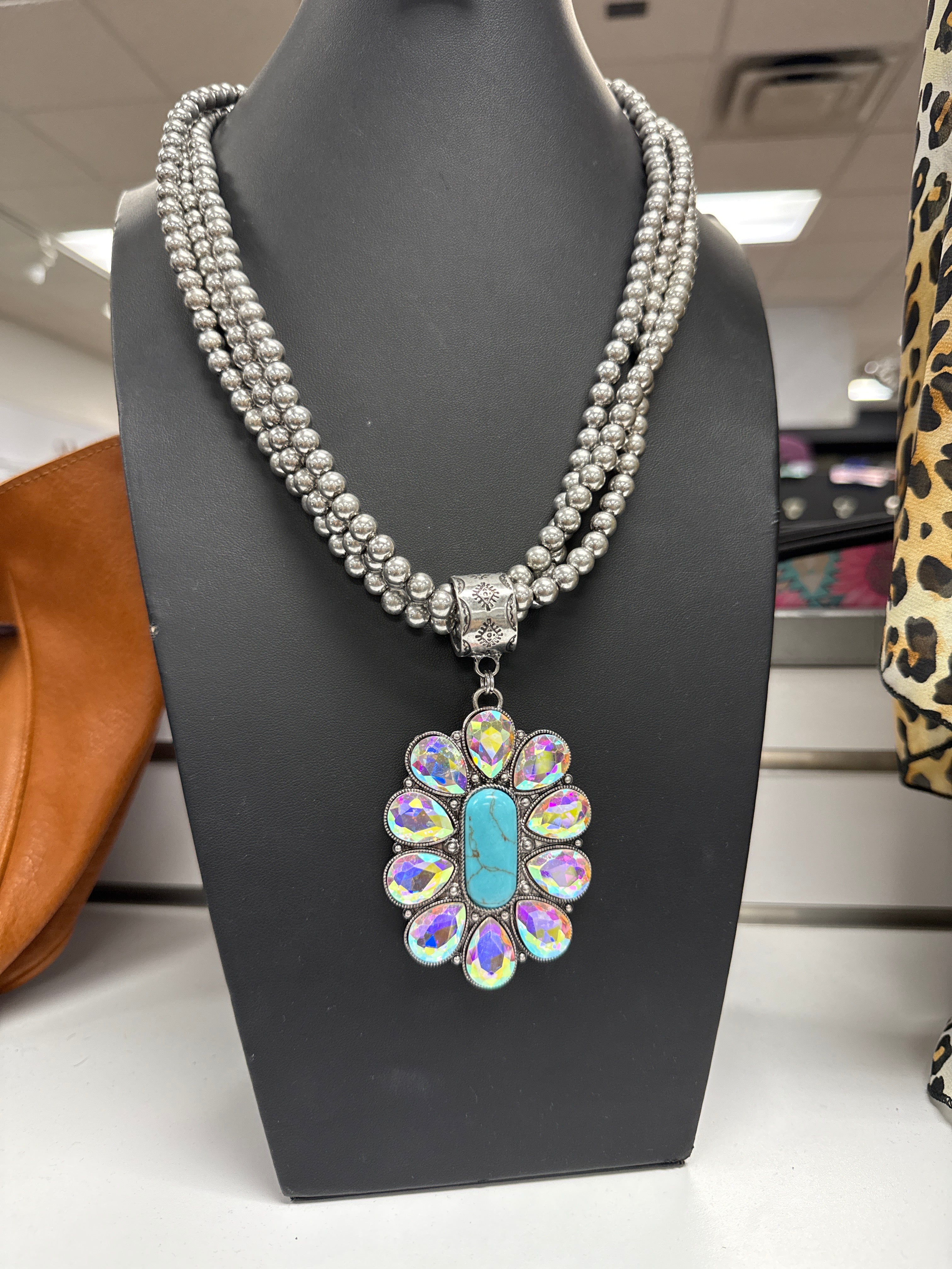 Crystal Turquoise Pedant Pearl Necklace and Earrings Set