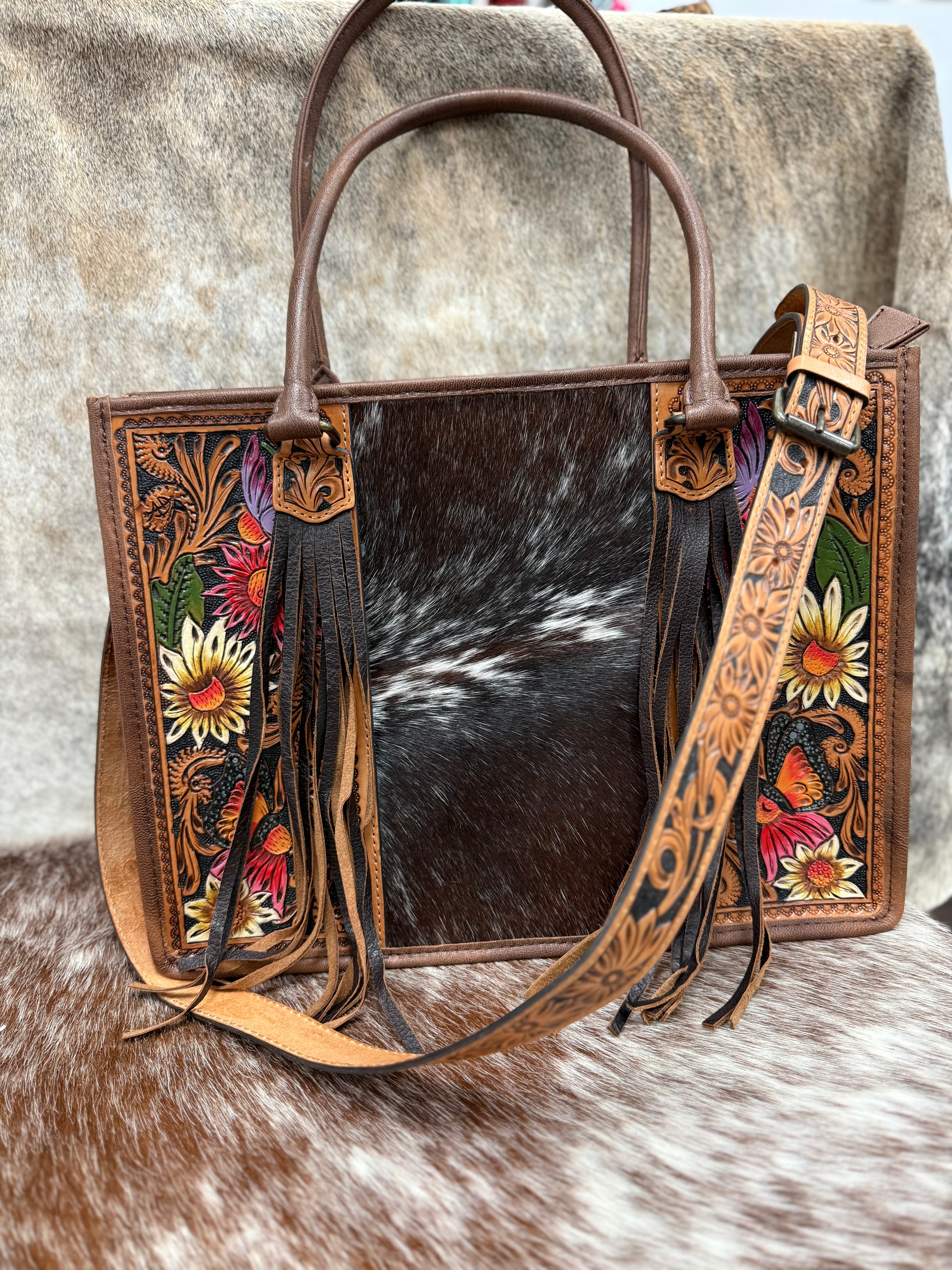 Hand Tooled Floral Hair-On Tote