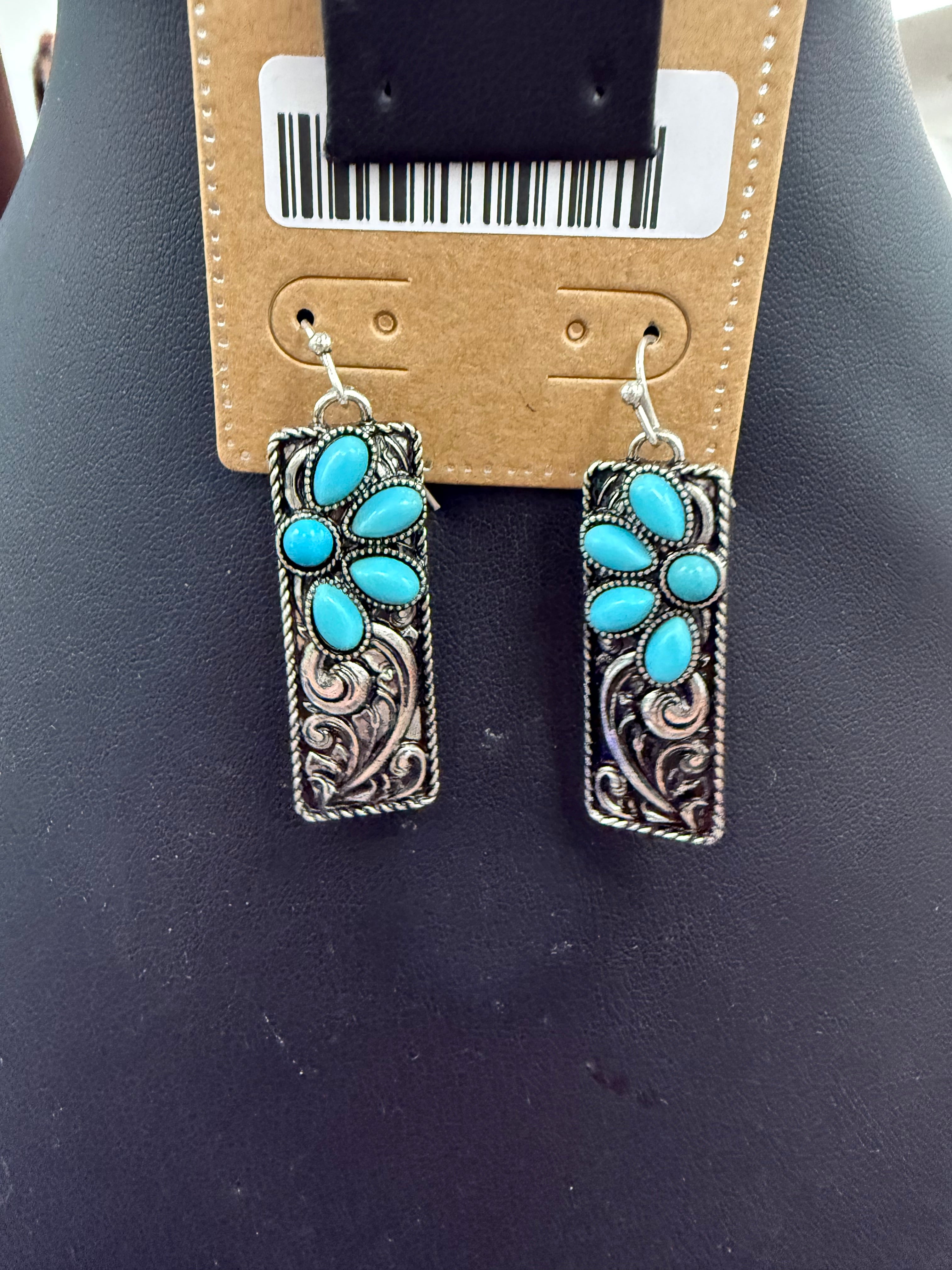Turquoise Cluster Stamped Fishhook Earrings