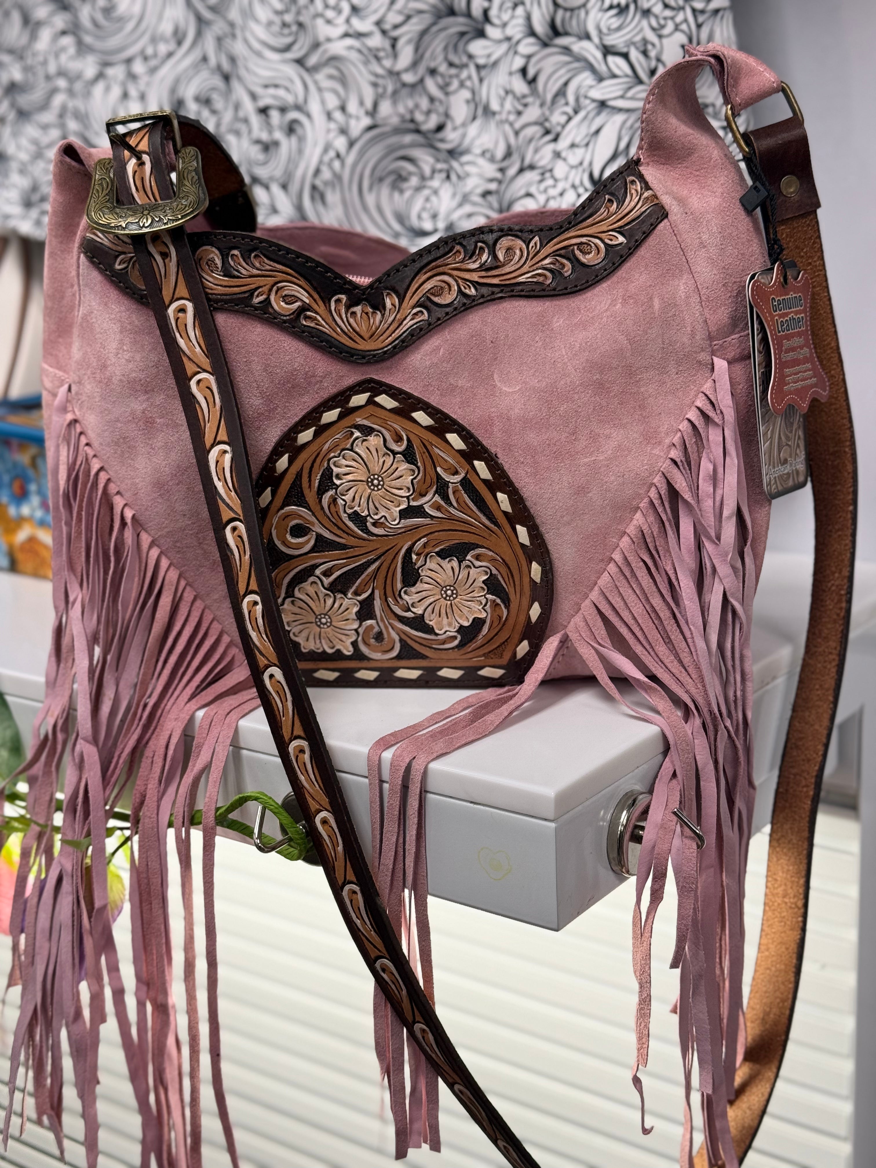 Pink Fringe Tooled Floral Crossbody Purse