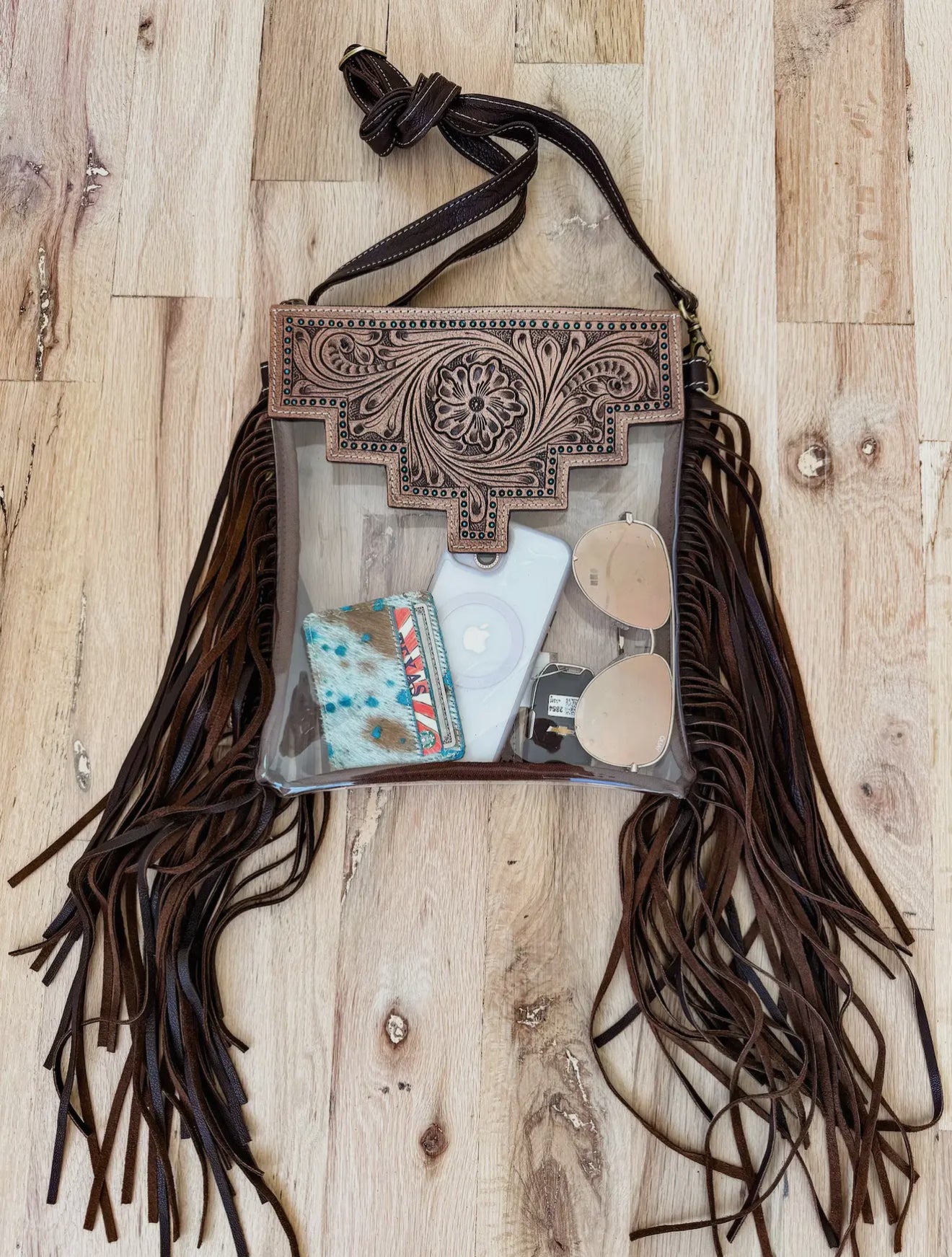 Tooled Large Clear Fringe Crossbody