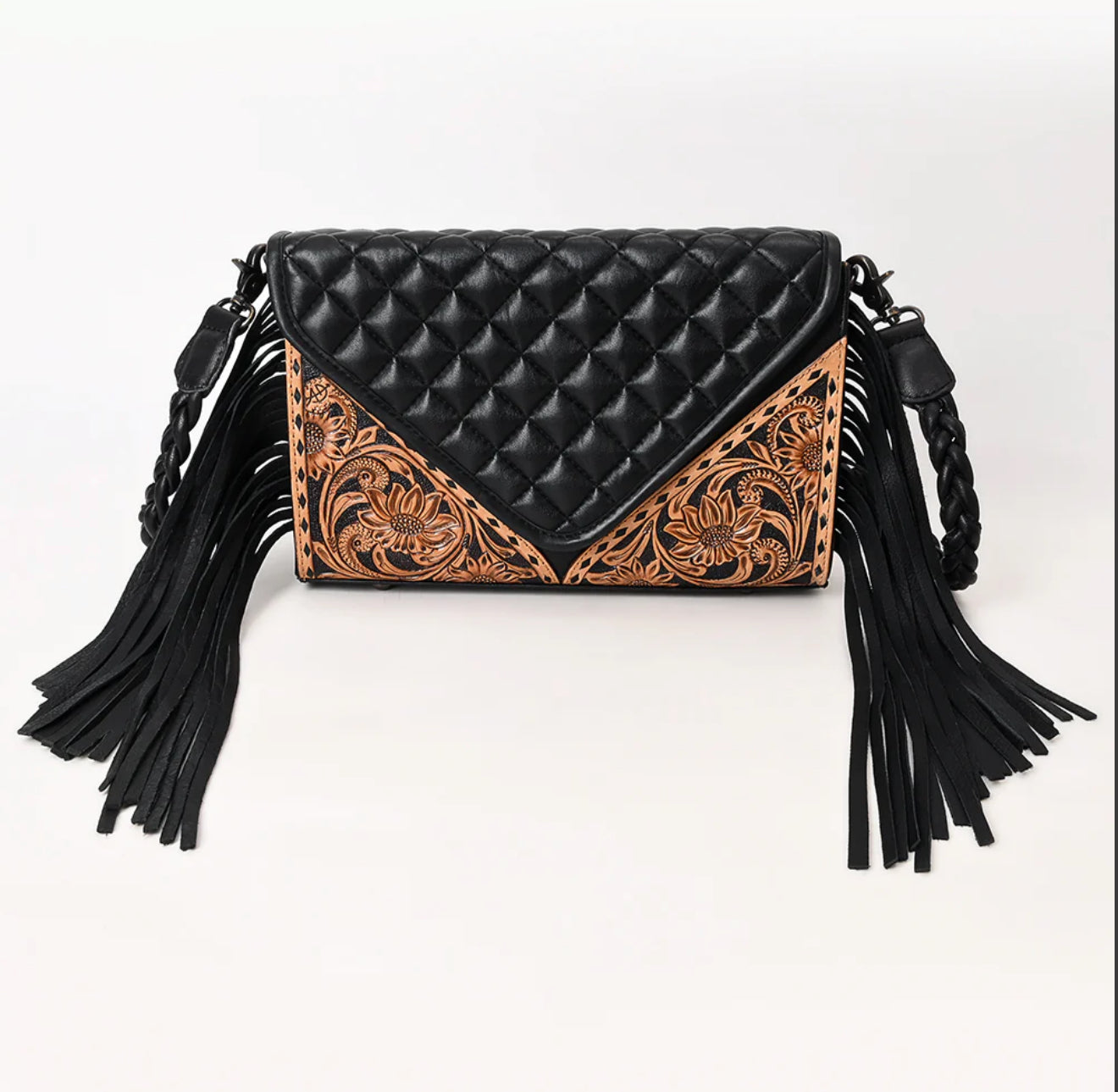 Tooled Quilt Leather Fringe Crossbody Purse