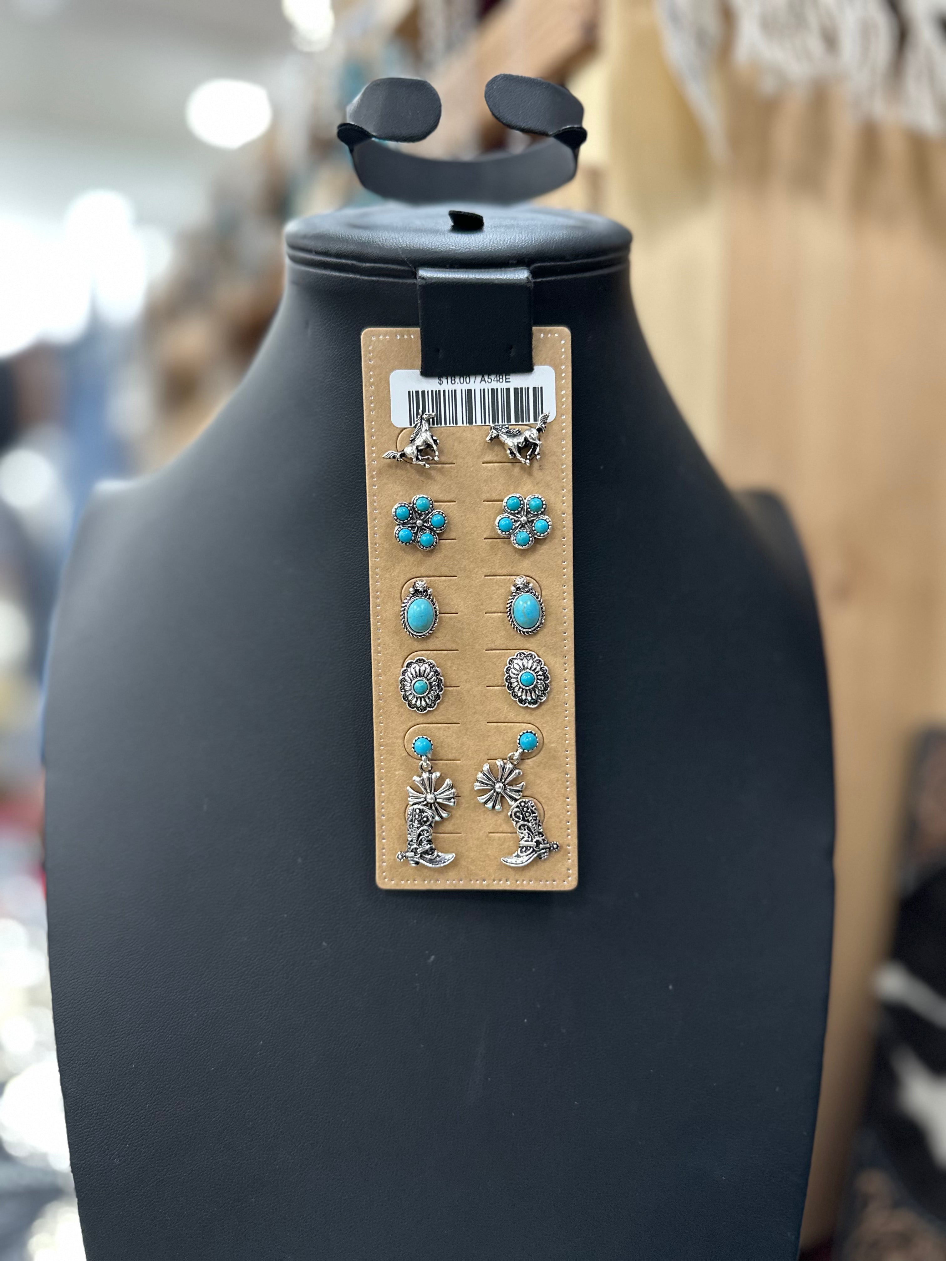 Turquoise Horse 6PC Post Earrings Set