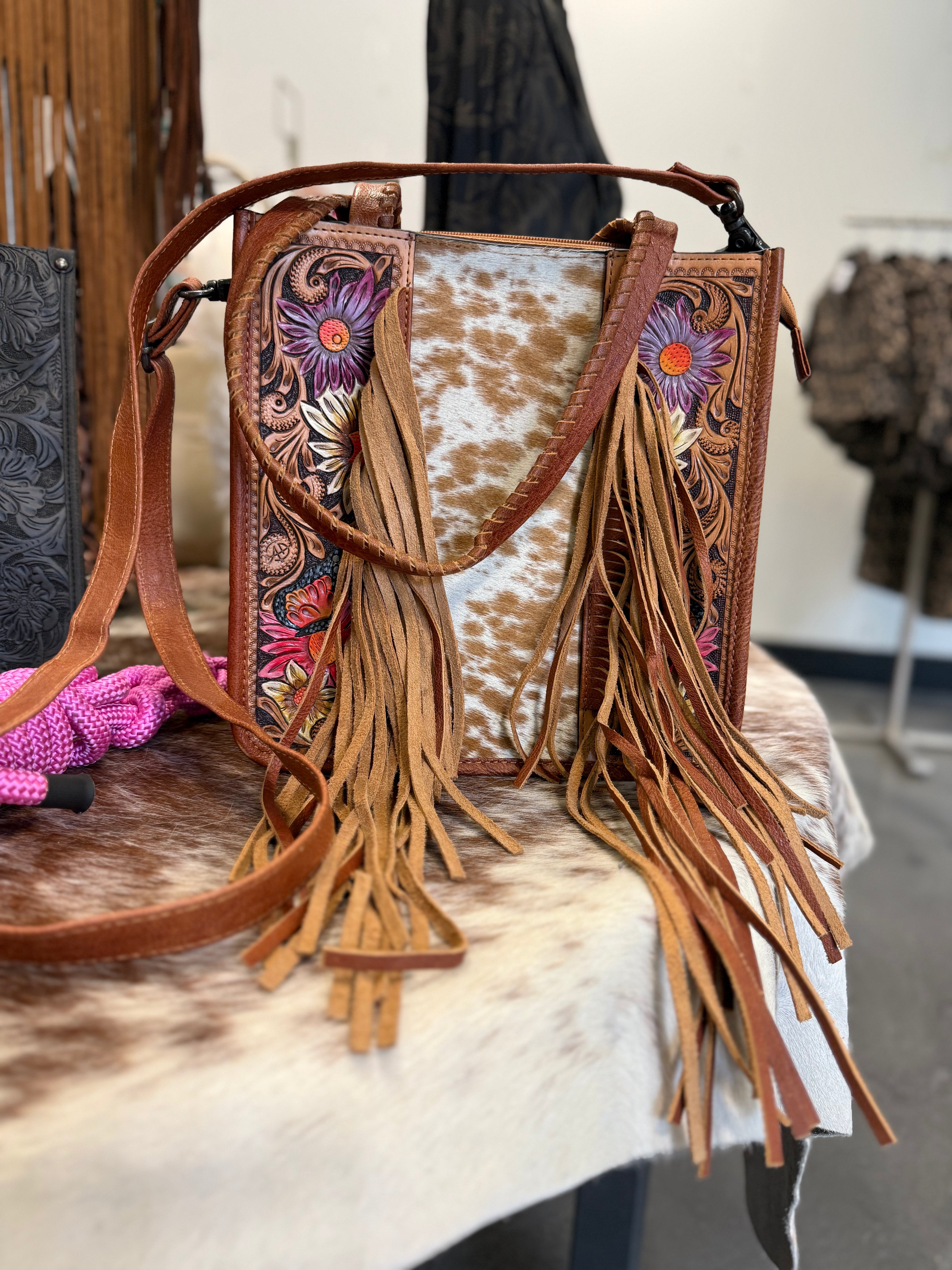 Floral Hand Tooled Fringe Tote Crossbody