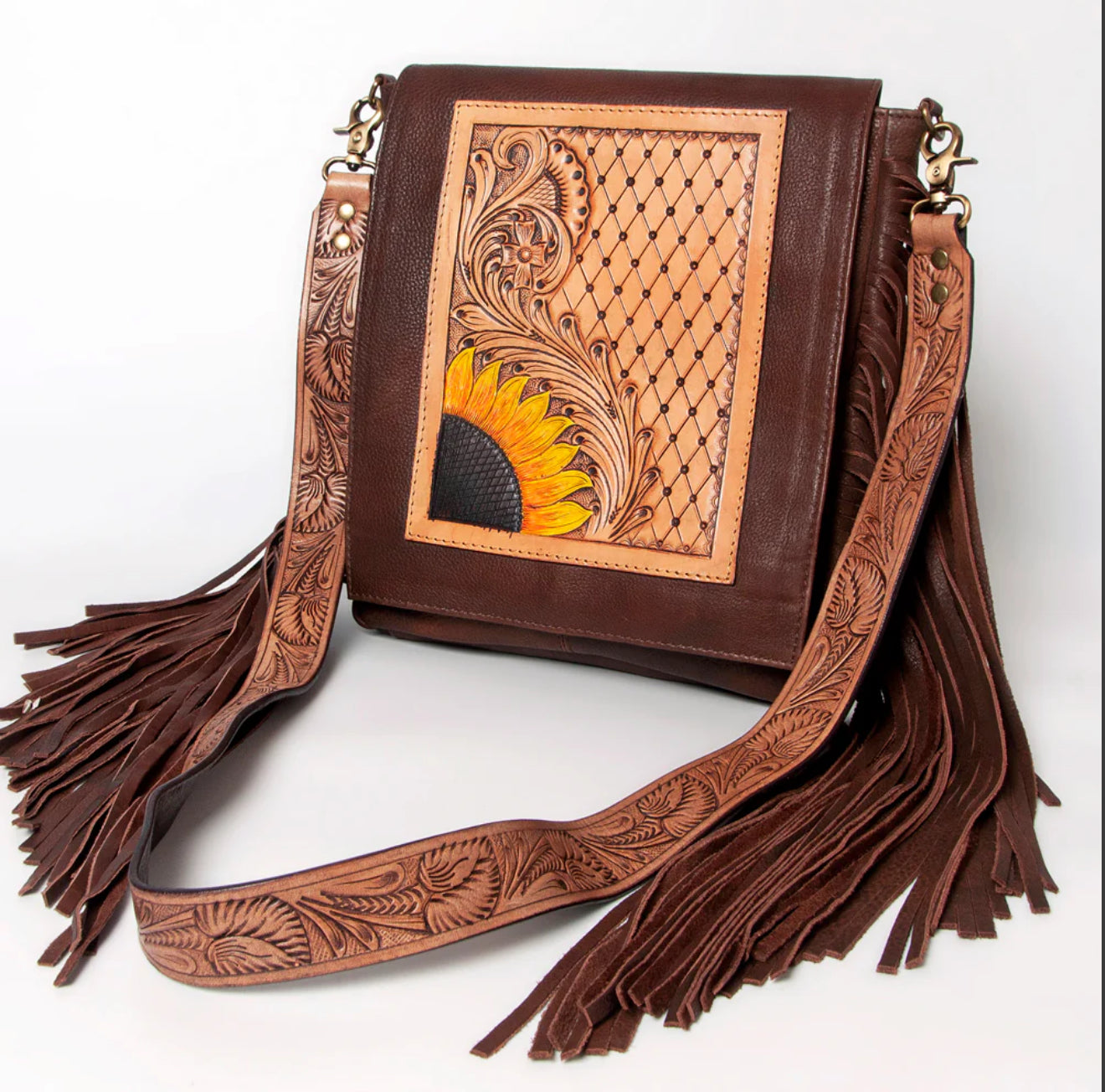 Hand Tooled Leather Sunflower Crossbody