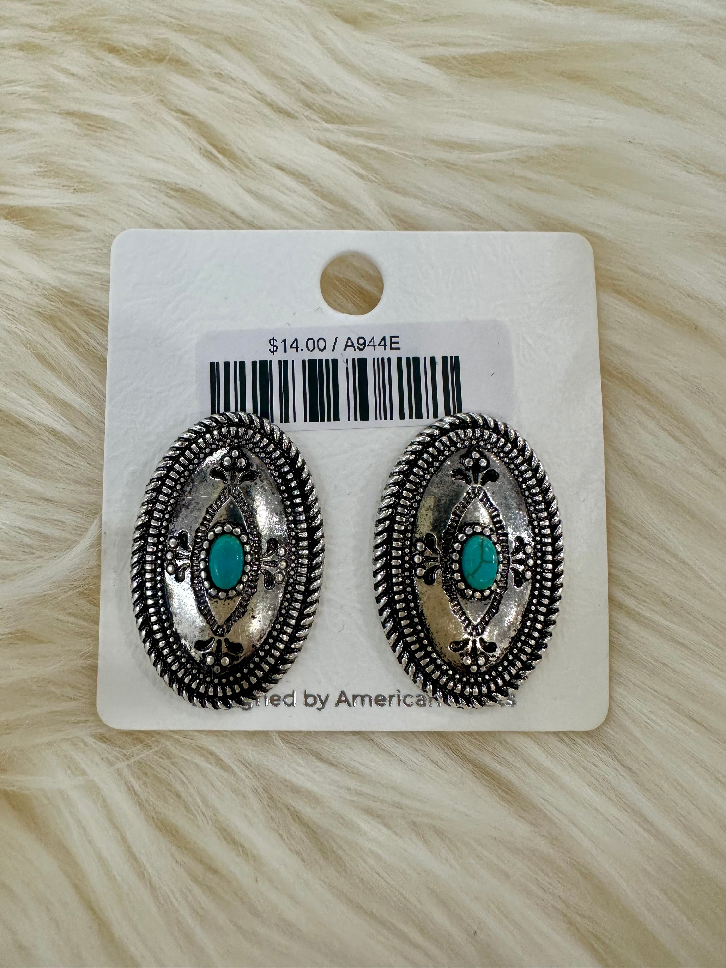 Turquoise Stamped Concho Post Earrings