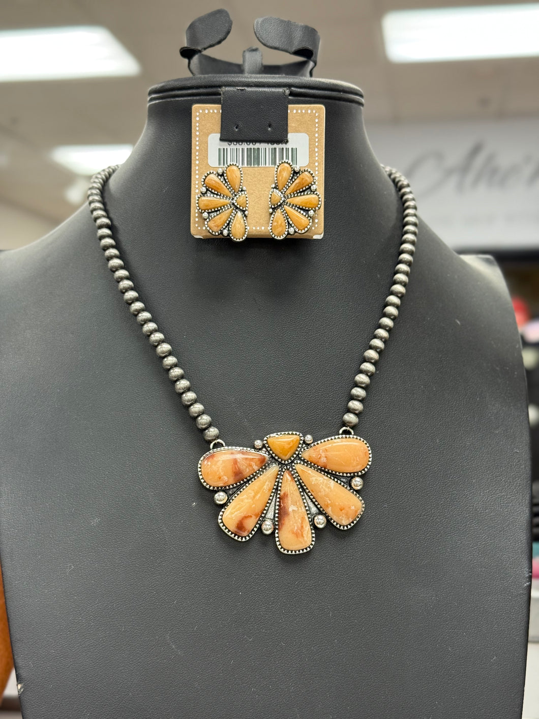 Brown Half Cluster Pendant Necklace and Earrings Set