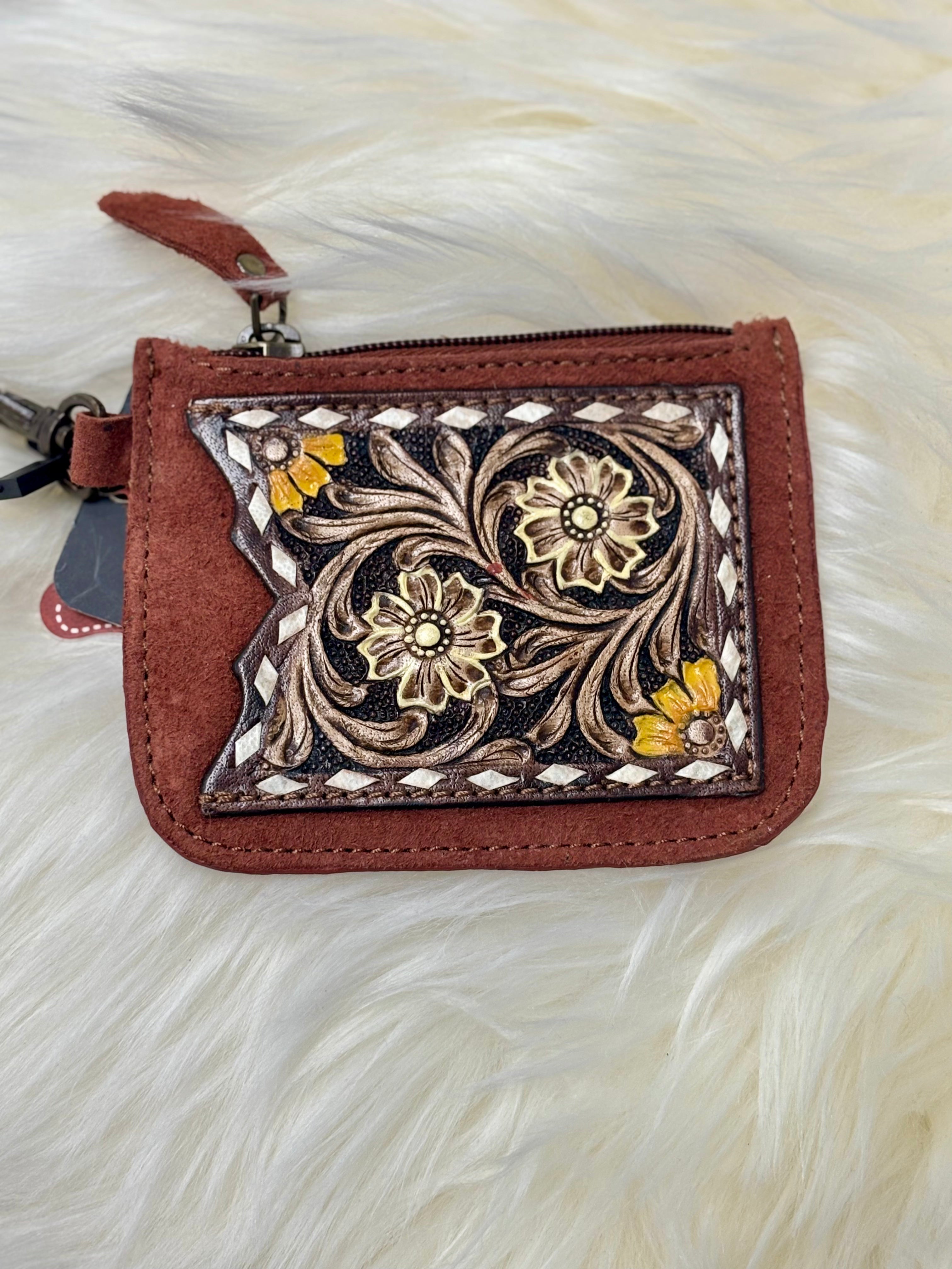 Brown Suede Floral Tooled Card Holder