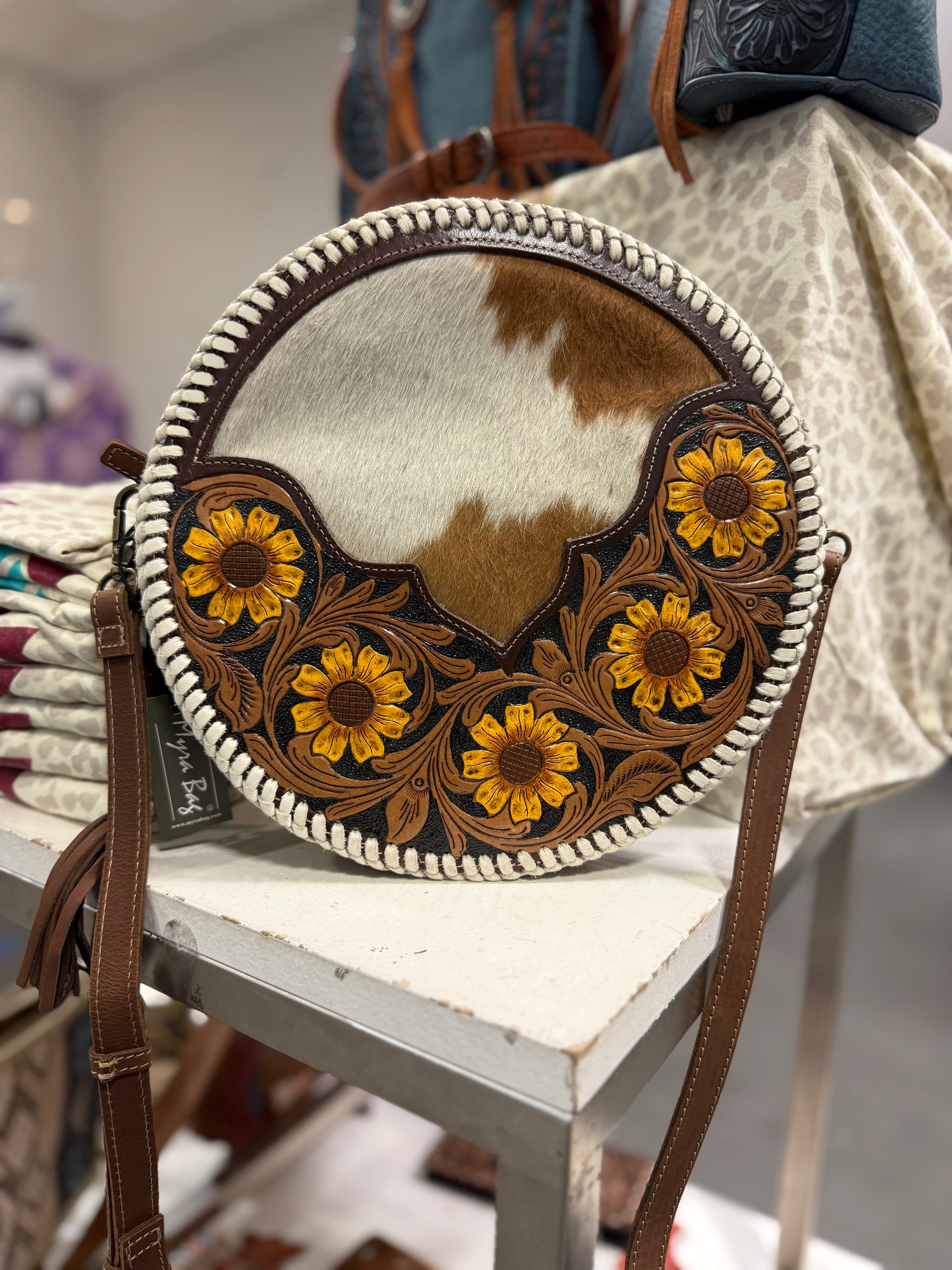 Sunflower Tooled Round Bag