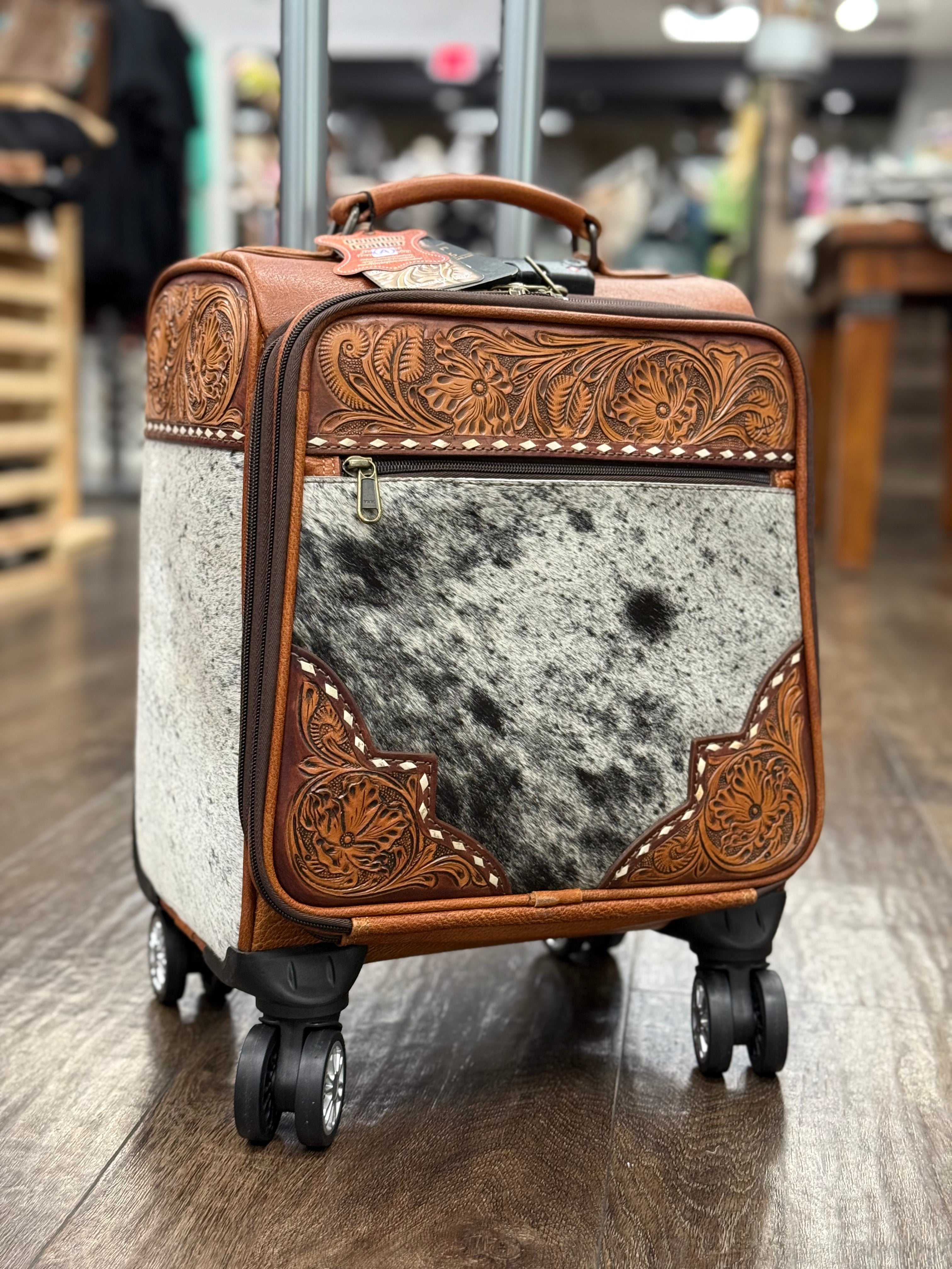 Hand Tooled Leather Cowhide Mini Suitcase