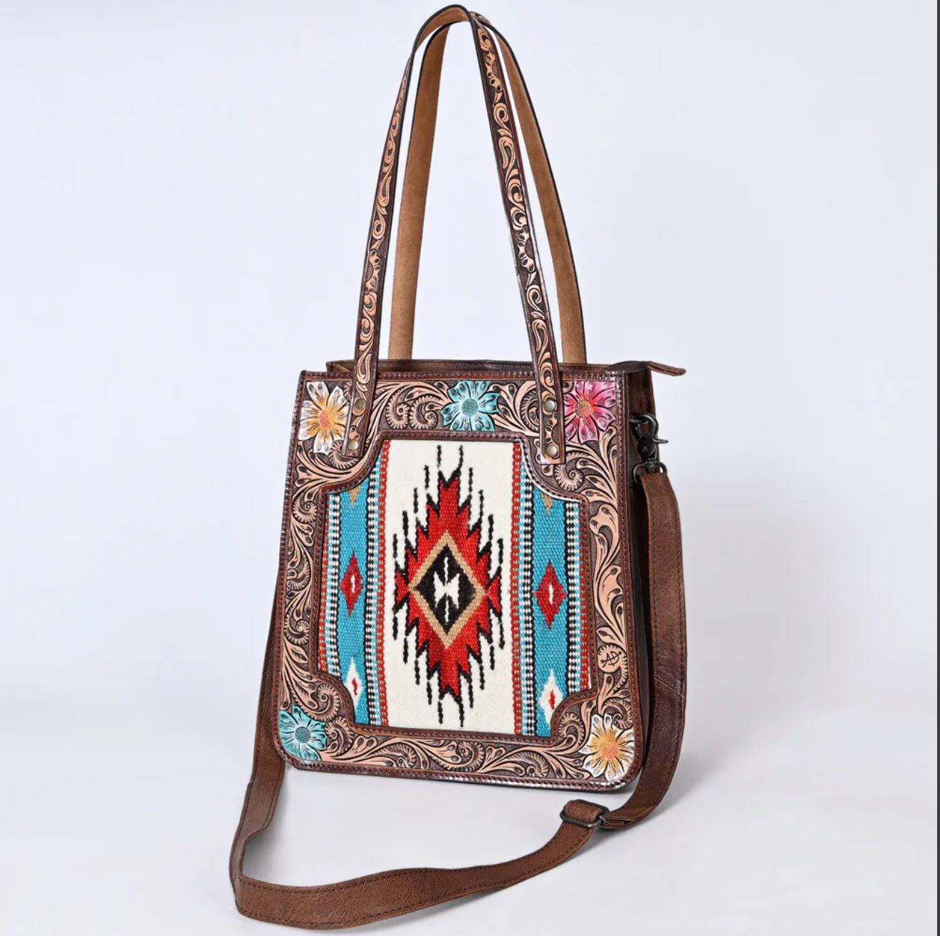 Hand Tooled Floral Tote Crossbody