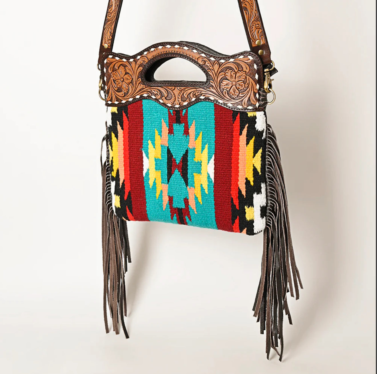 Hand Tooled Woven Fringe Crossbody