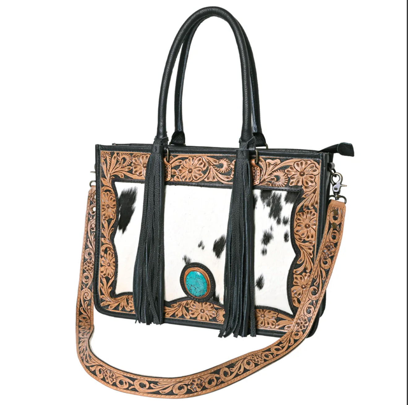 Hand Tooled Fringe Tote Crossbody Bag
