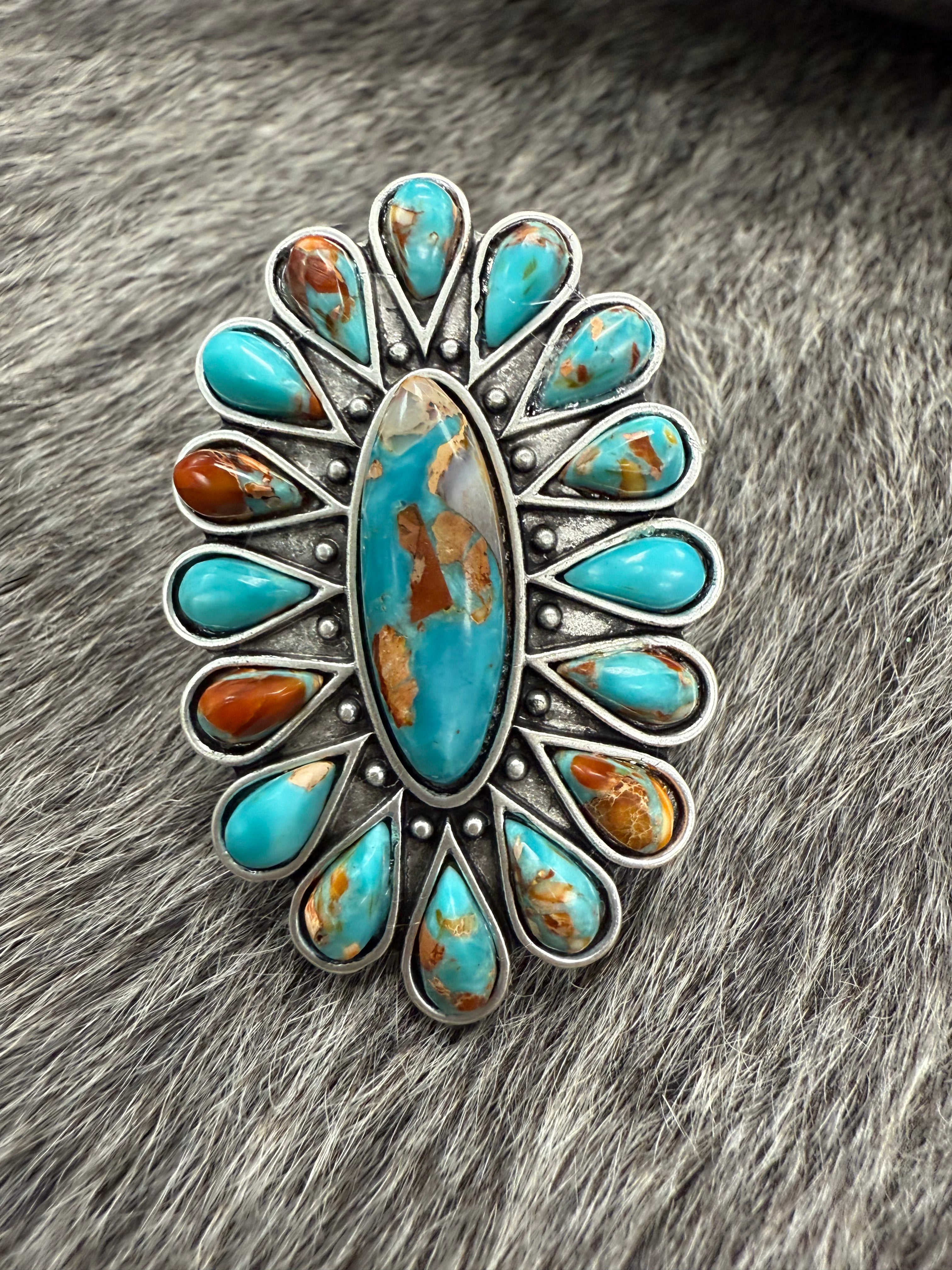 Turquoise Natural Cluster Cuff Ring