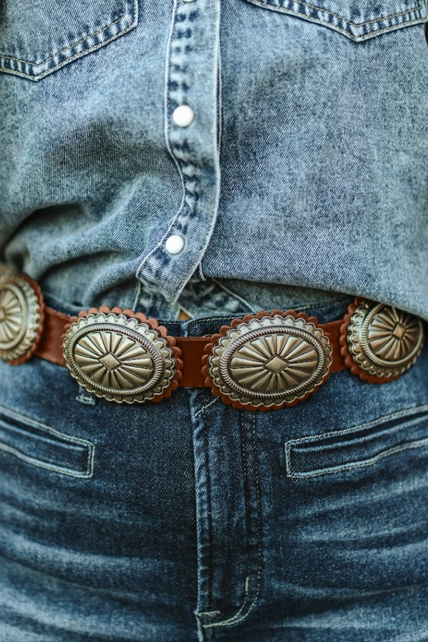 Brown Leather Stamped Concho Belt