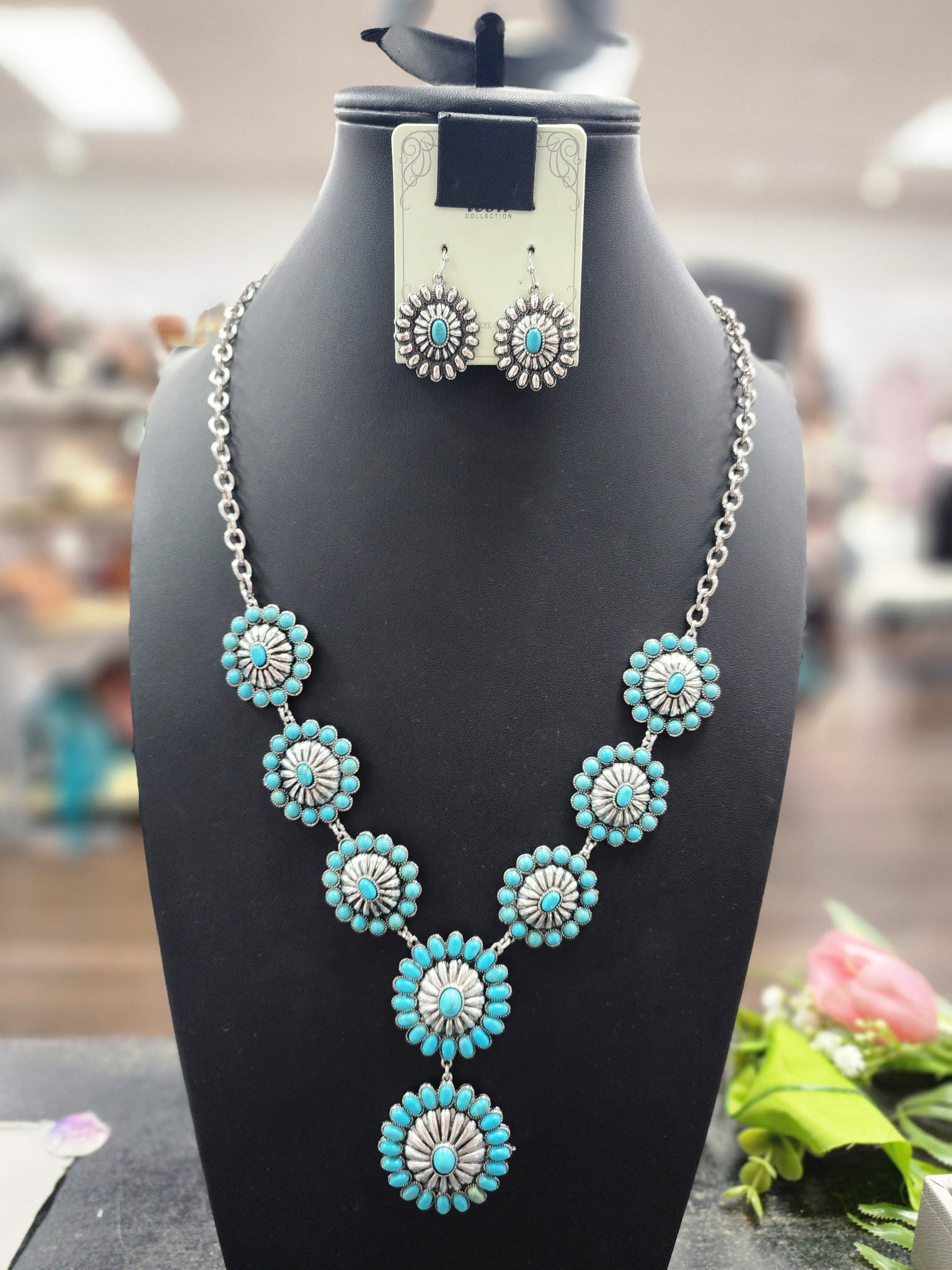 Turquoise Cluster Concho Y Necklace