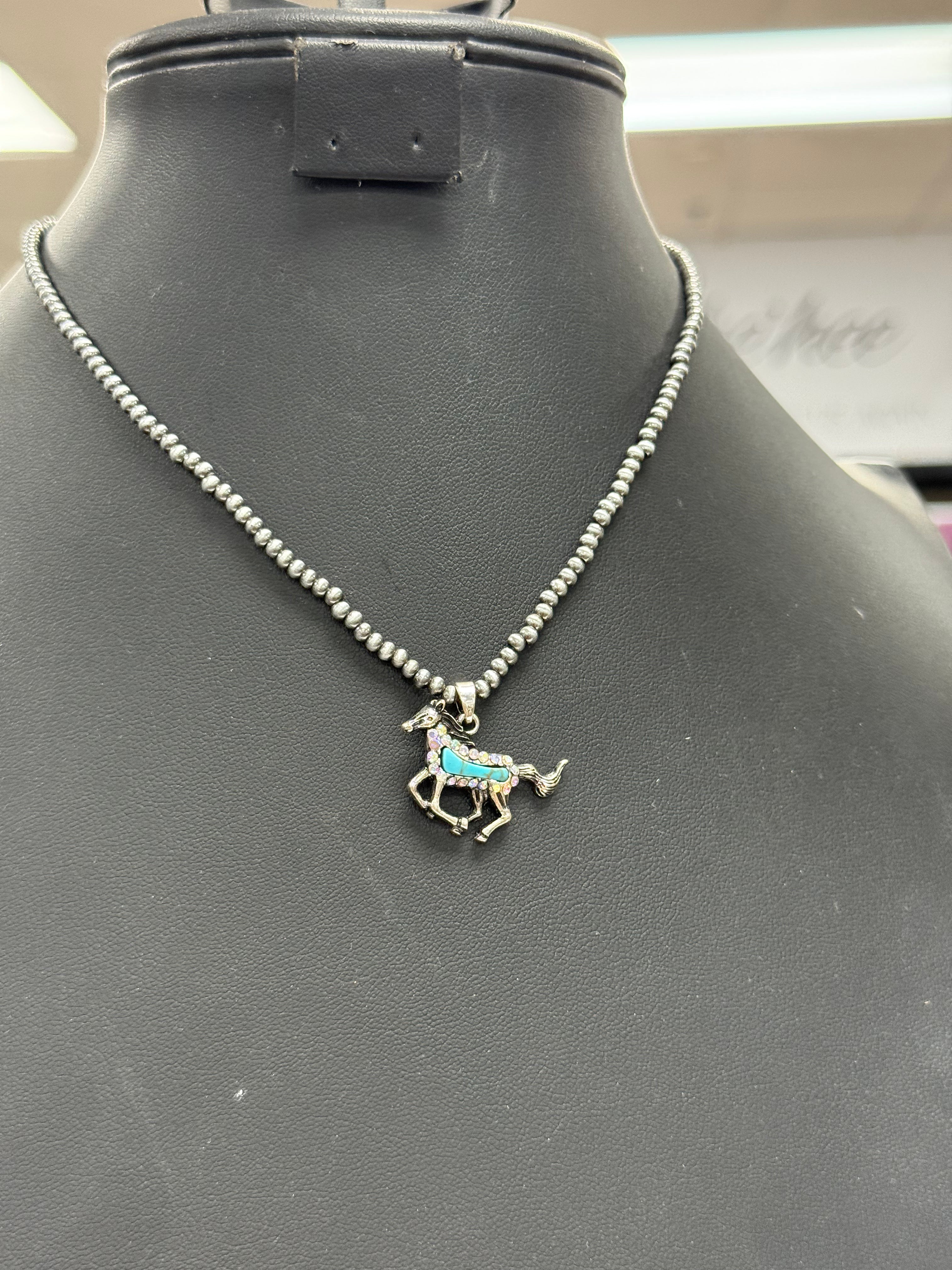 Crystal Turquoise Horse Pendant Necklace