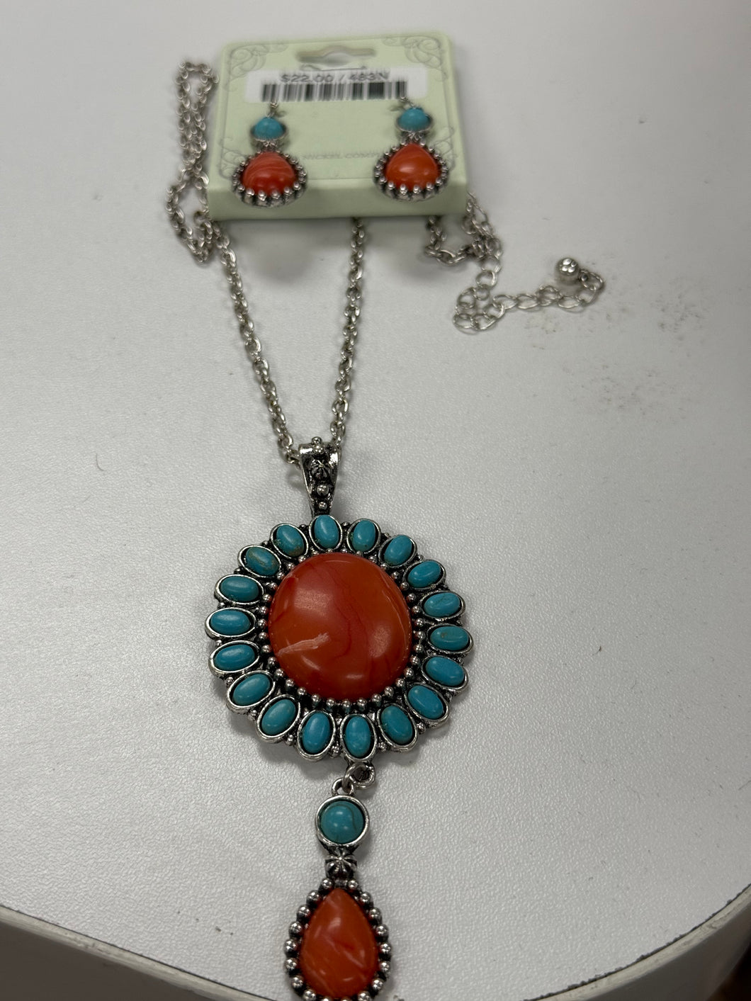 Turquoise & Orange Cluster Pendant and Earrings Set