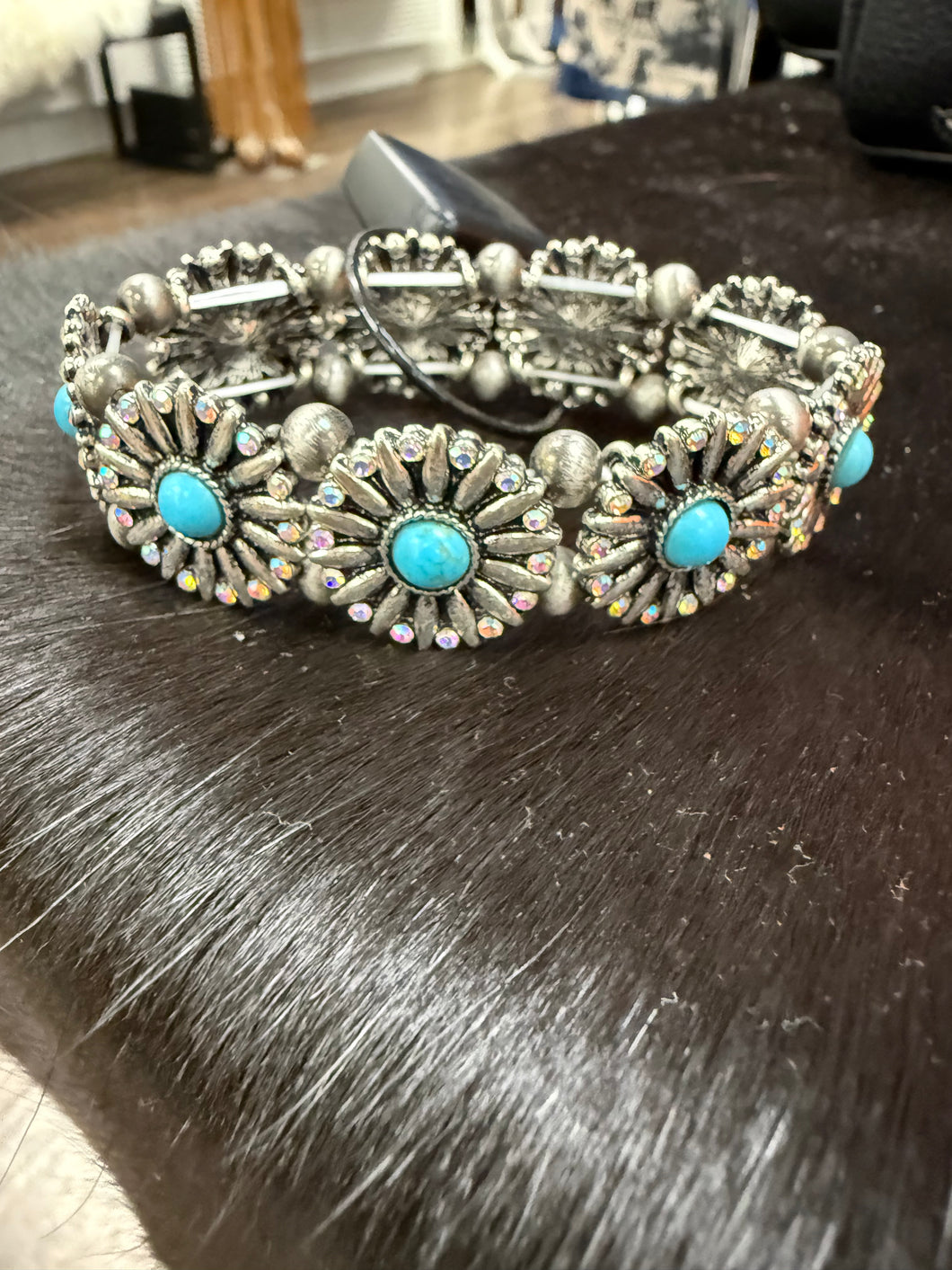 Spiral Crystal Turquoise Concho Stretch Bracelet
