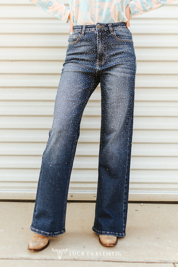 Rhinestone Denim Flare Jeans