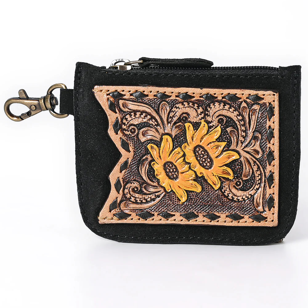Black Suede Floral Tooled Card Holder