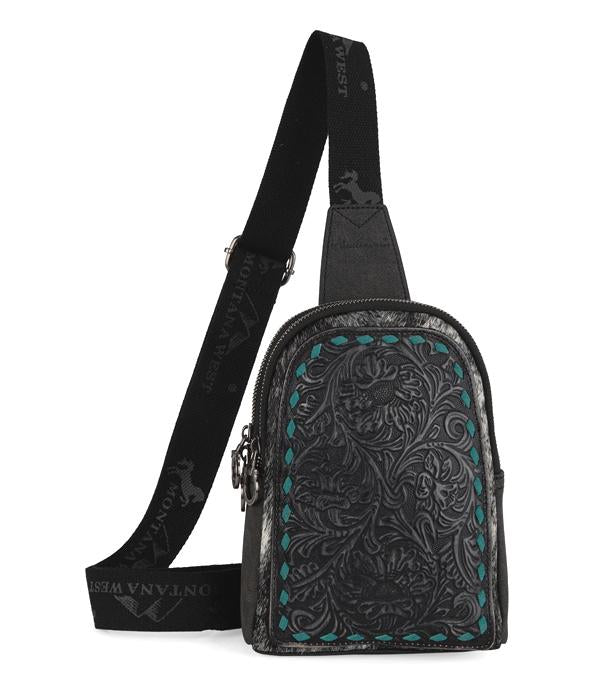 Montana West Black Tooled Sling Bag