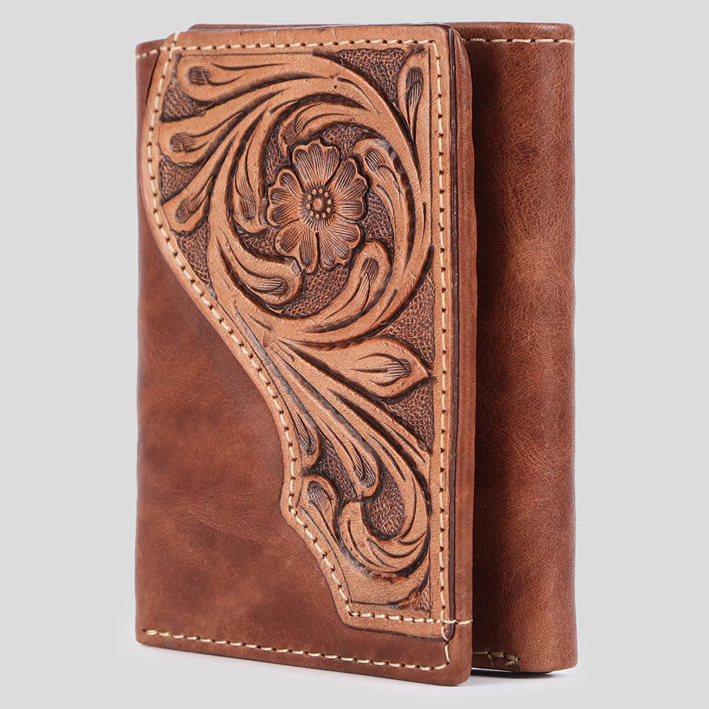 Hand Tooled Leather Tri-Fold Wallet