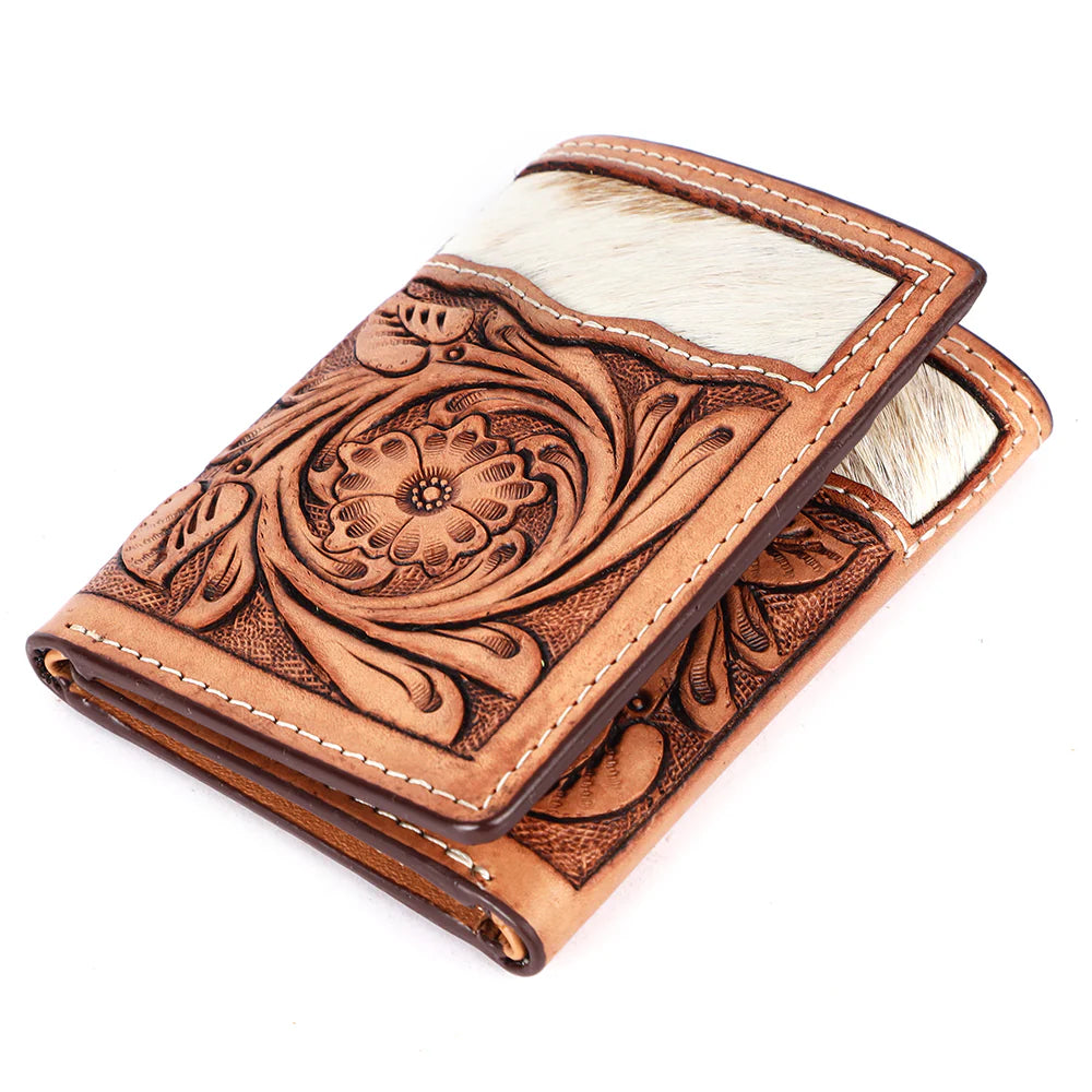 Hand Tooled Leather Cowhide Tri-Fold Leather Wallet