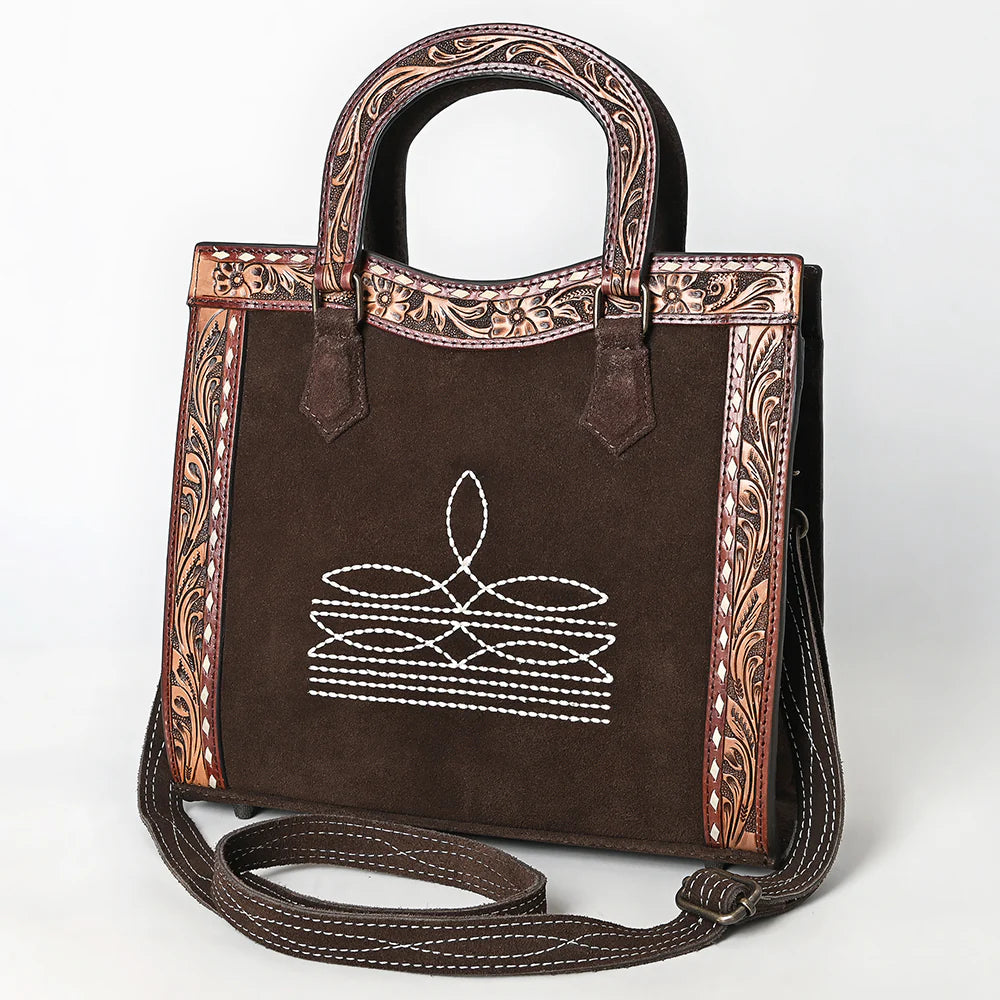 Tooled Suede Leather Boot Stitch Tote Crossbody
