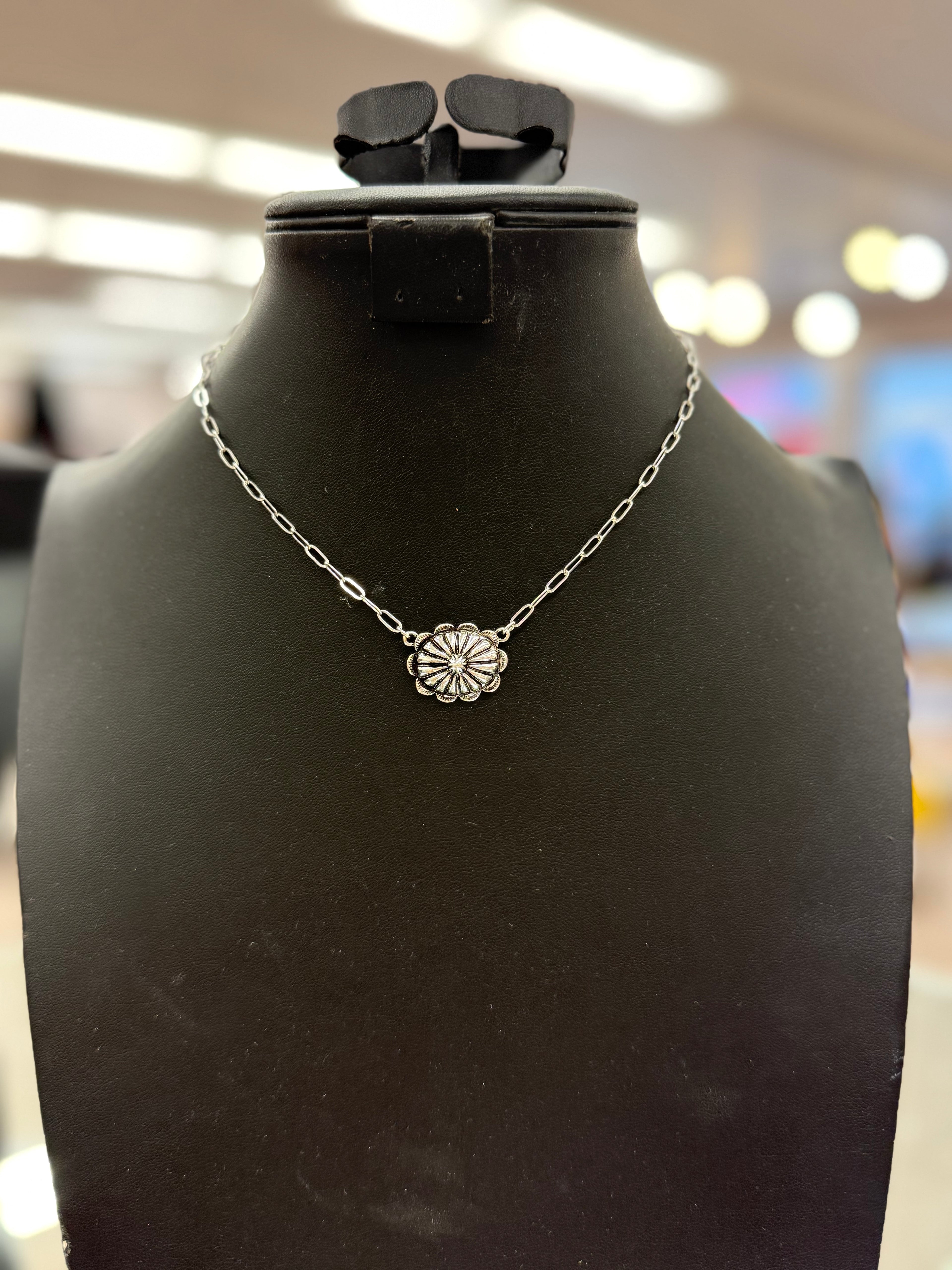 Silver Concho Stamped Pendant Necklace