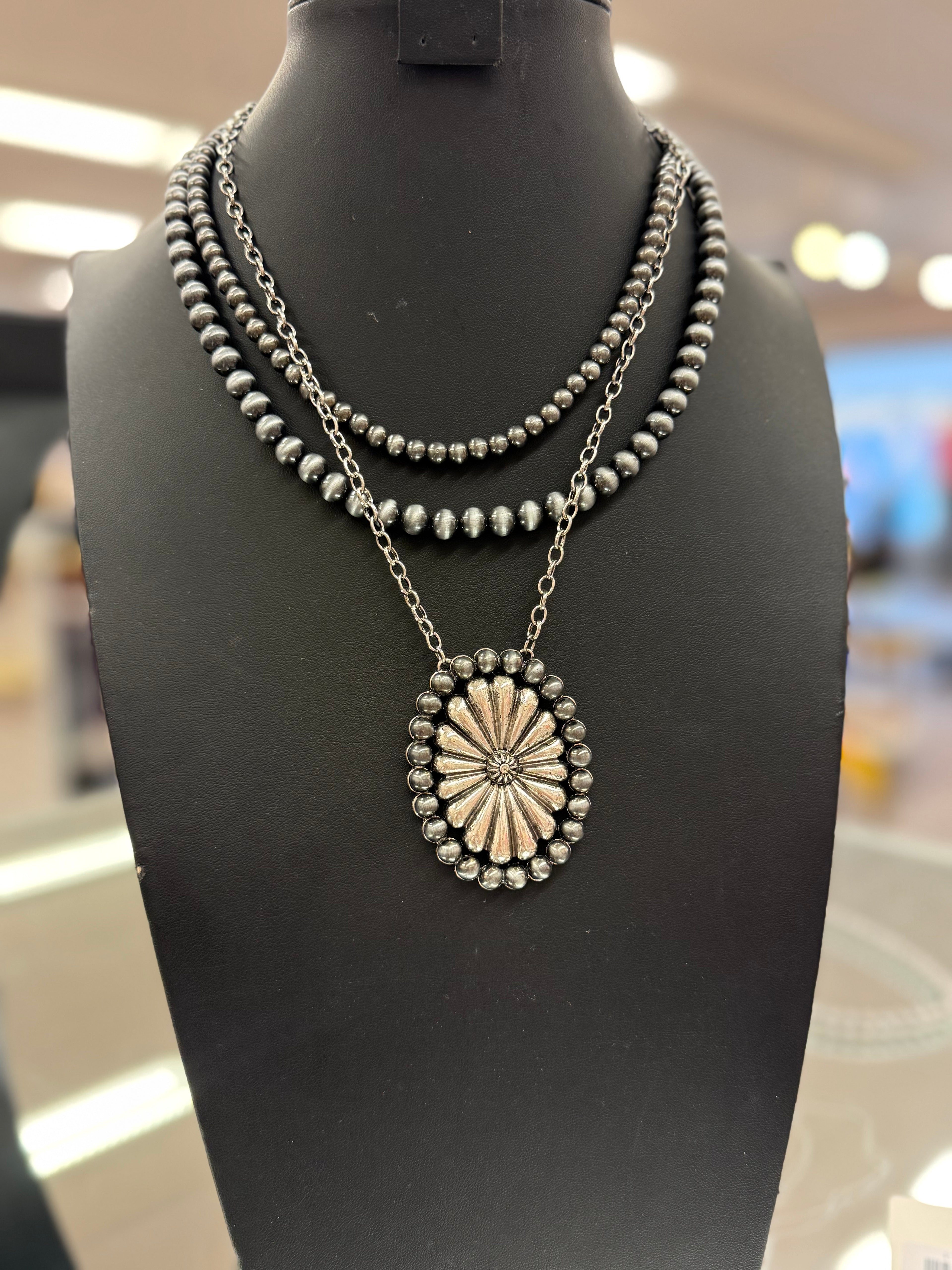 Stamped Concho Pendant Pearl Necklace