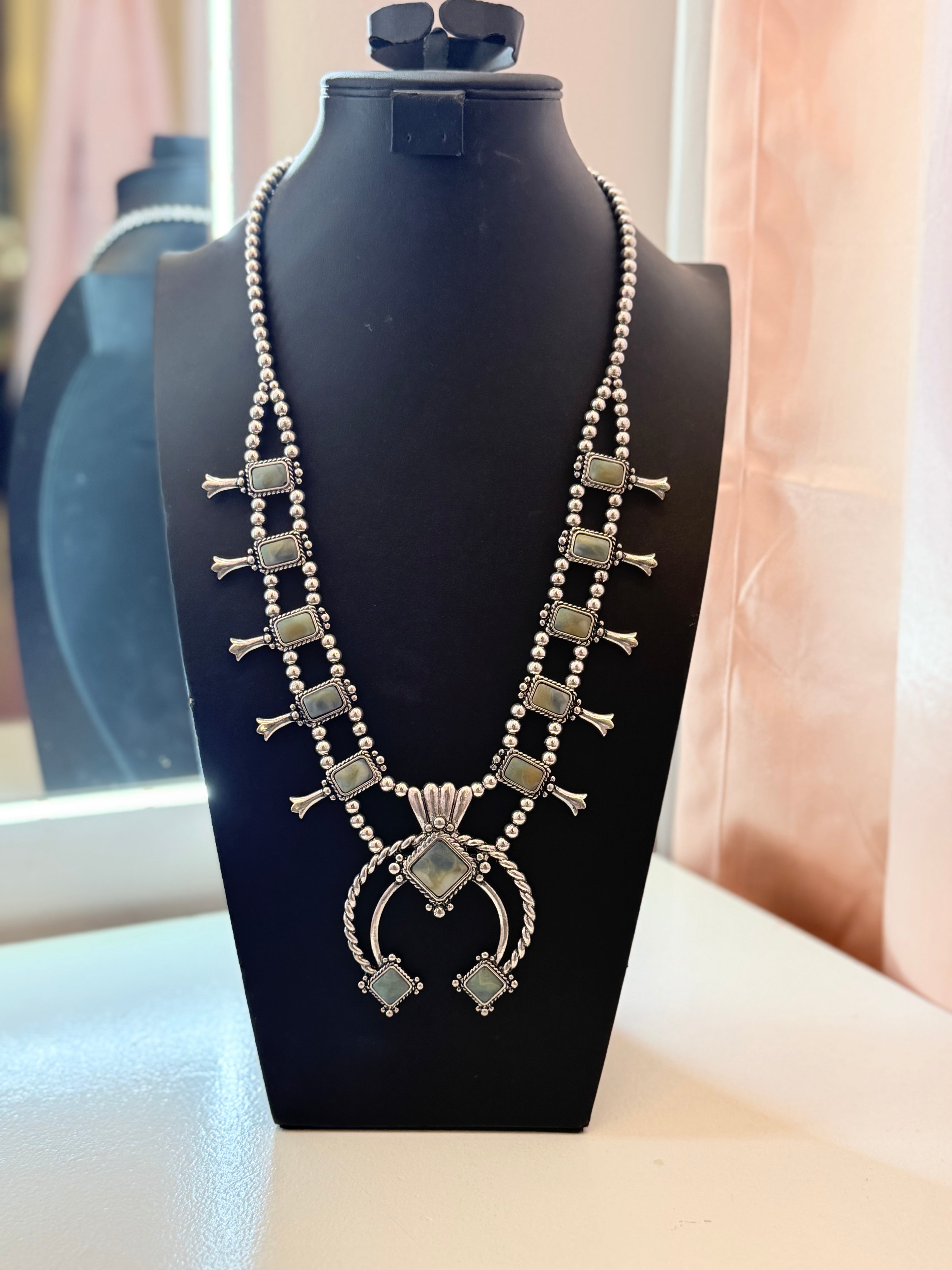 Mint Diamond Squash Blossom Necklace and Earrings Set