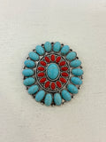 Turquoise/Coral Cluster Brooch Pin
