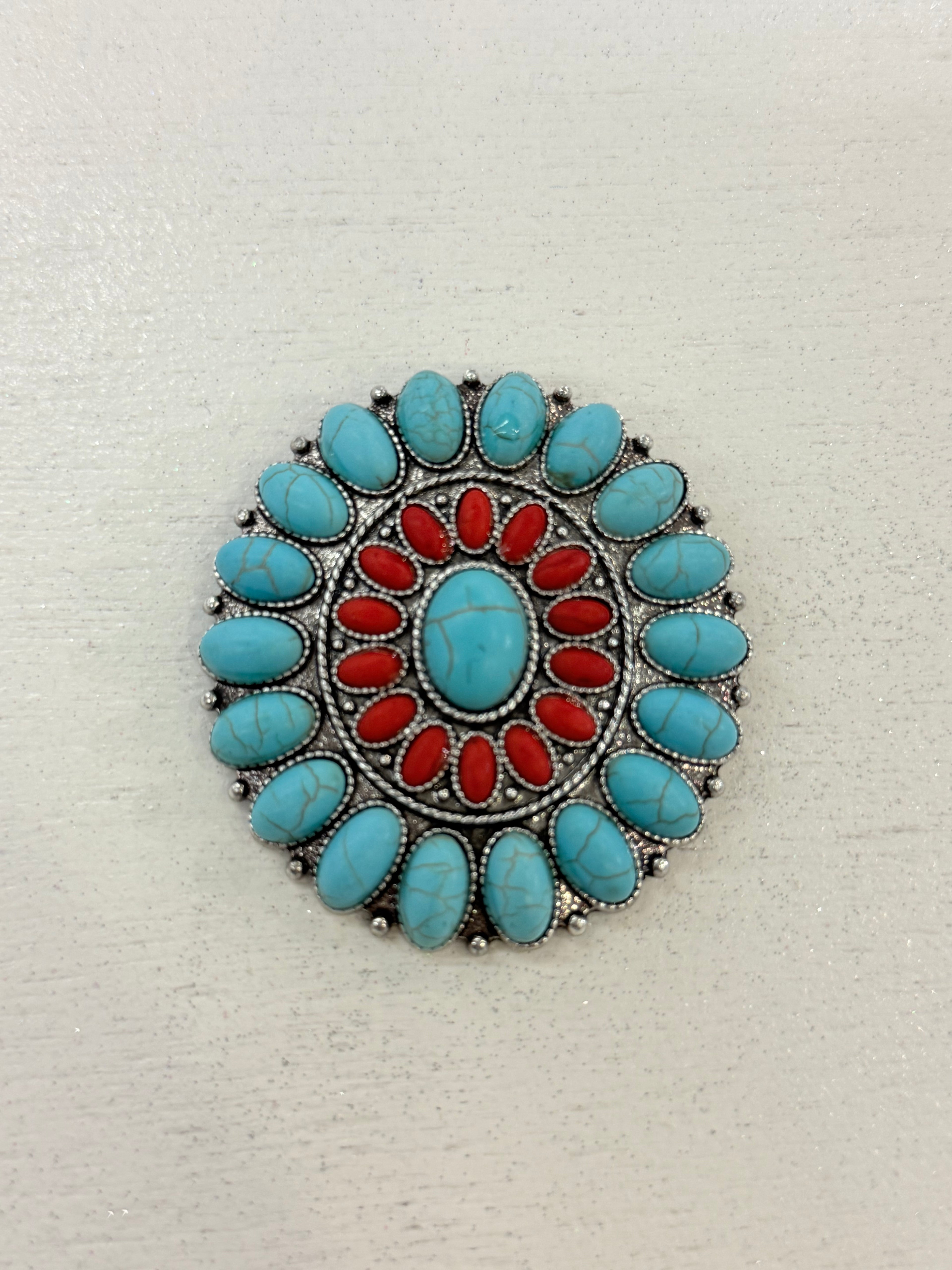 Turquoise/Coral Cluster Brooch Pin