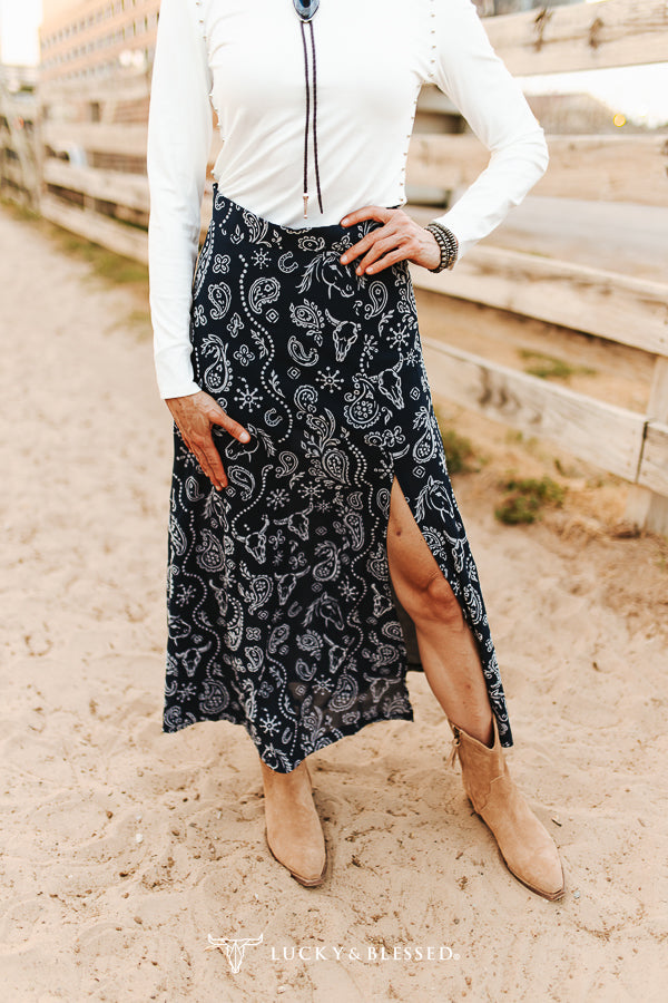 Navy Western Paisley Slit Skirt