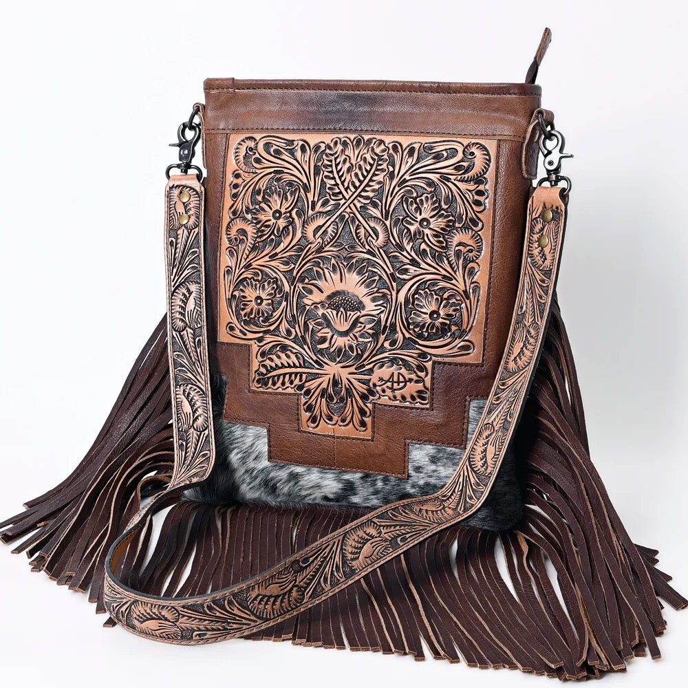 Hand Tooled Cowhide Fringe Crossbody Purse