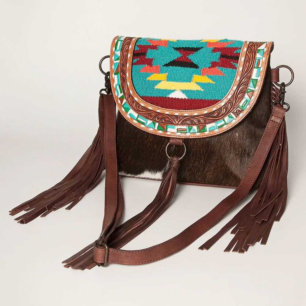 Southwestern Leather Tooled Fringe Cowhide Crossbody