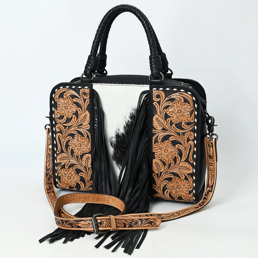 Black Filigree Tooled Fringe Tote Crossbody