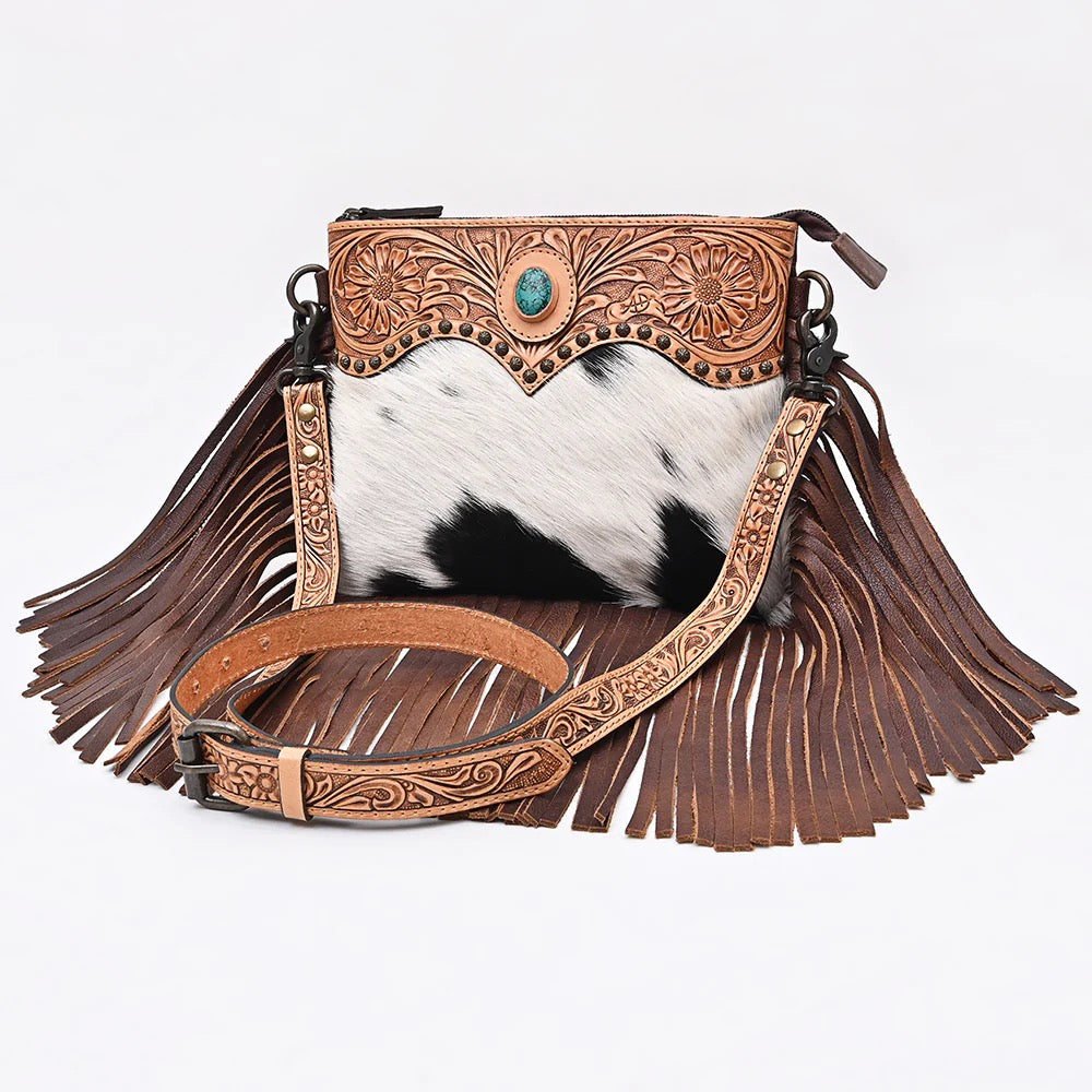 Hand Tooled Cowhide Fringe Crossbody Purse