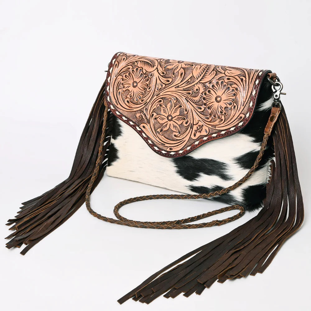 Tooled Leather Cowhide Braid Crossbody Purse